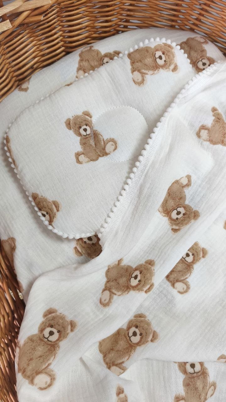 Муслиновый комплект в коляску, люльку: плед, простынь и подушка Тедди, фото №3