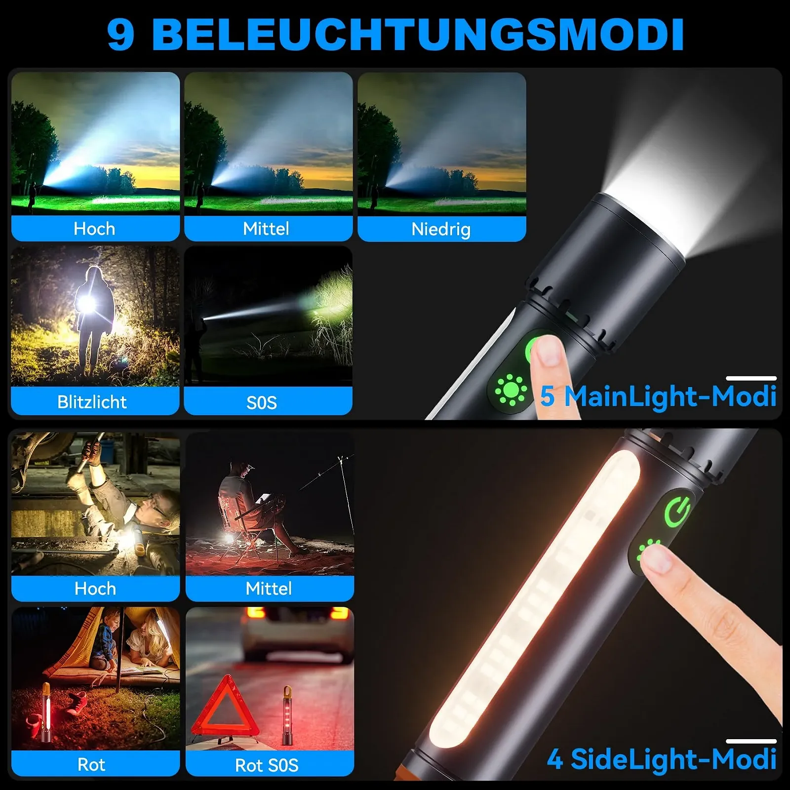 Ліхтар LED Акумуляторний 500 000 люмен, 9 режимів LED ліхтаря XHP90.2 Zoomable & IPX7 Водонепроникний, фото №2