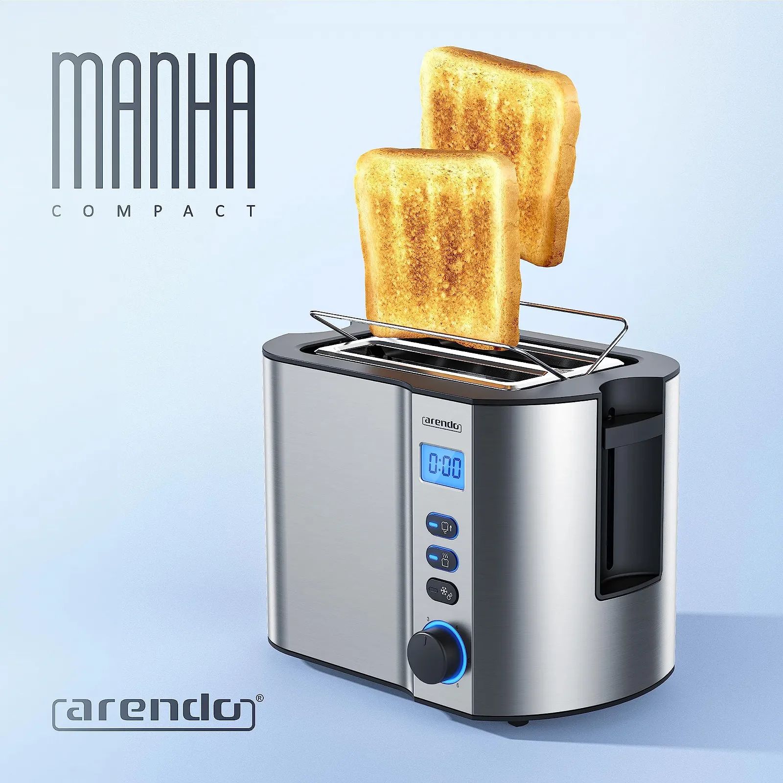 Тостер Arendo Manha Compact 2 скибочки Нержавіюча сталь з дисплеєм часу 800 Ватт, фото №7