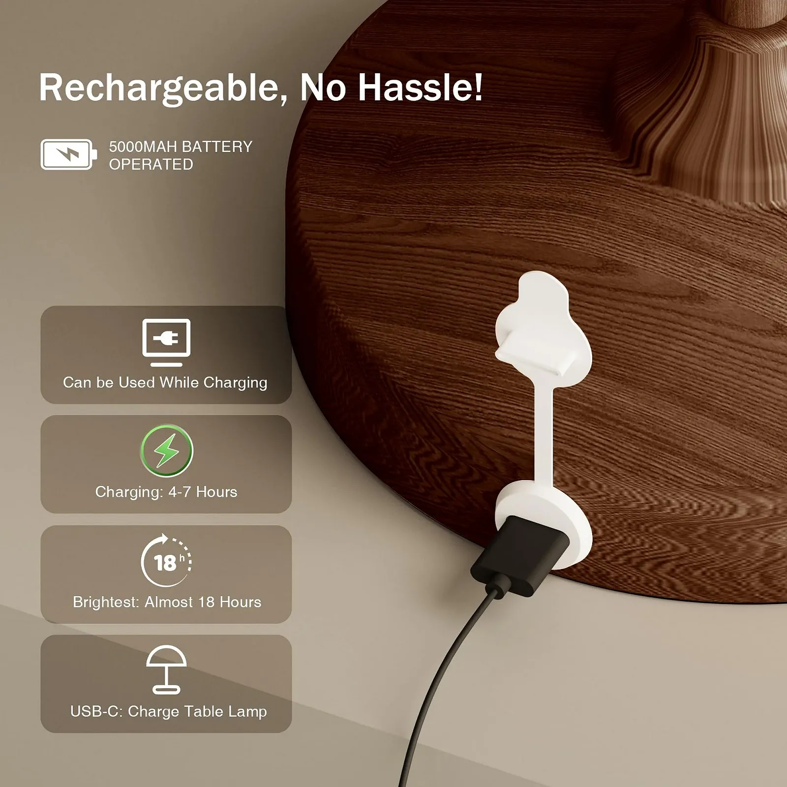 Настольная лампа Dawnwake LED Mushroom аккумуляторная 5000 mAh сенсорная Walnut, фото №5