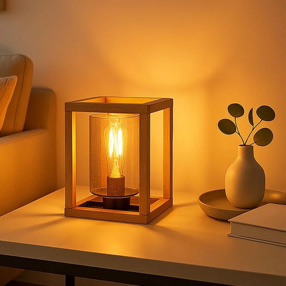 Настольная лампа GLOBO LIGHTING МДФ Стекло с пузырьками воздуха Квадратная Коричневая натуральная, фото №4