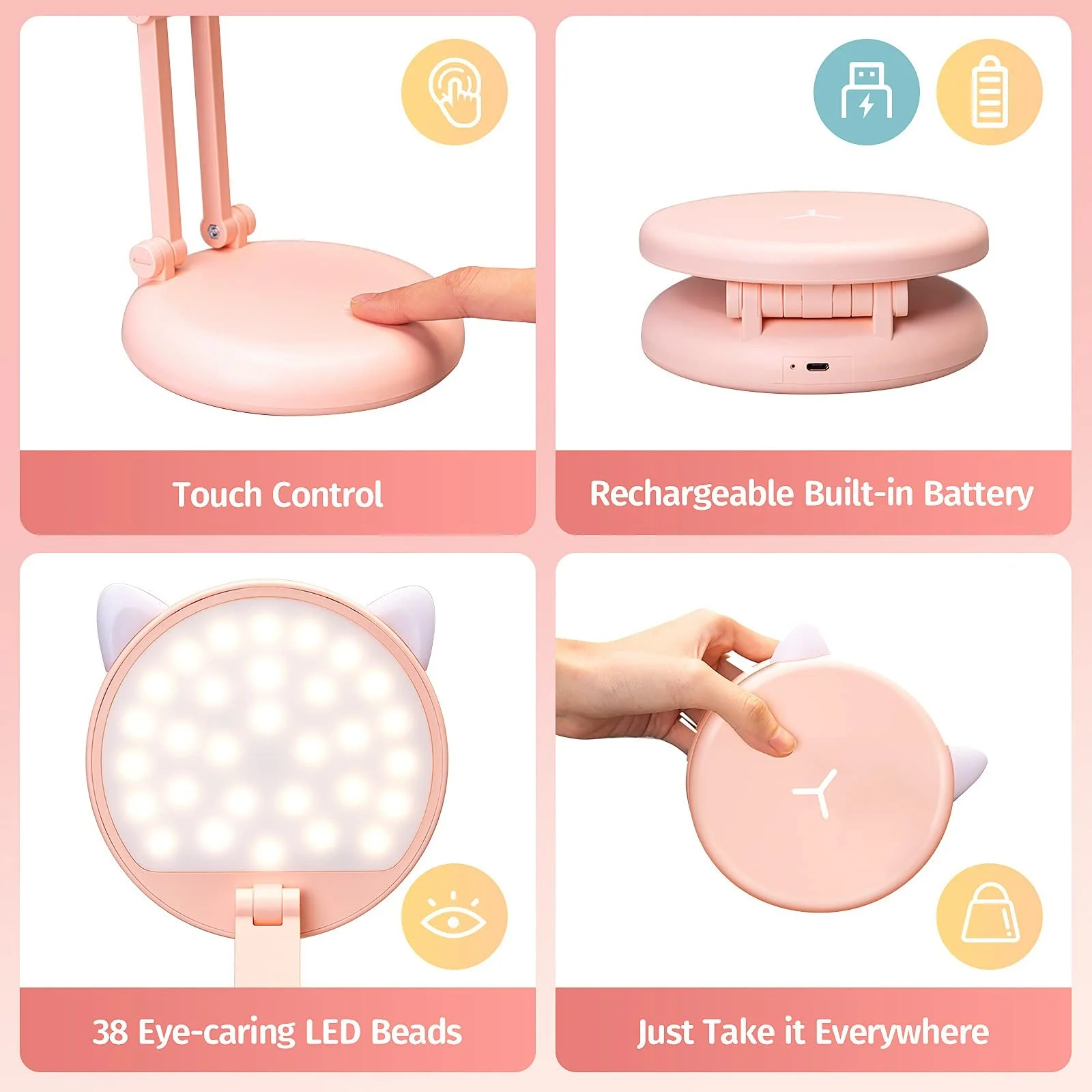 Настільна лампа One Fire Kawaii LED 3600 мАг Складана Рожева, фото №5