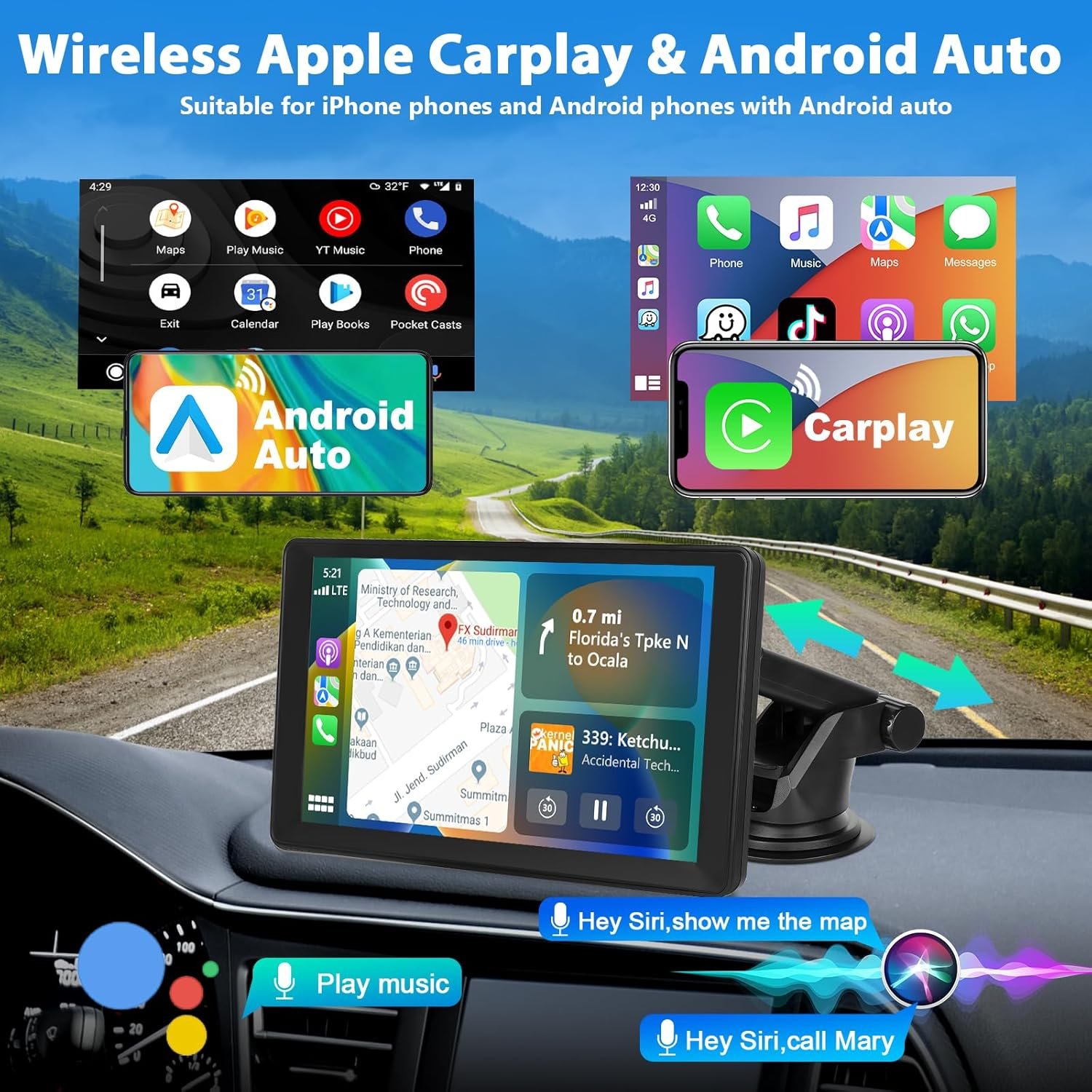 Автомагнітола Podofo / 9" / Сенсорна / Apple CarPlay / Android Auto / Bluetooth / WI-FI / GPS / USB / AUX / TF slot, фото №2