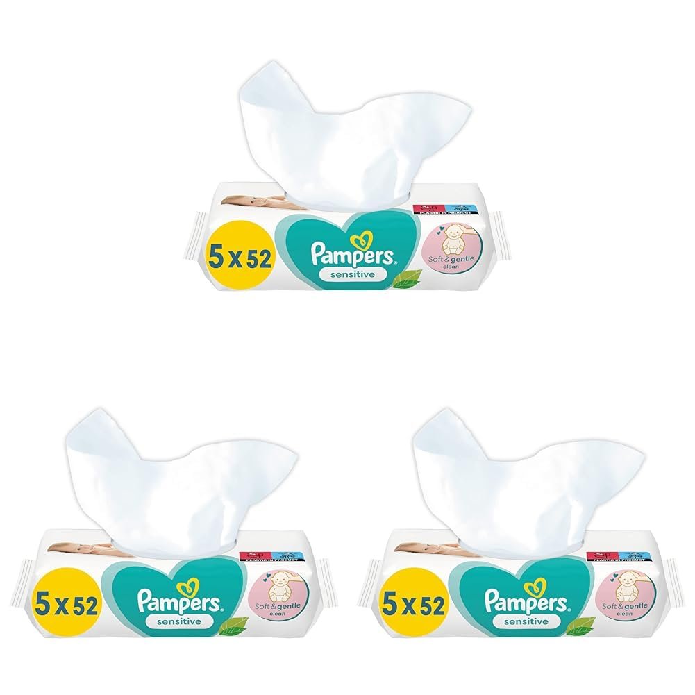 Дитячі серветки Pampers Sensitive, 260 шт. (5 x 52), без запаху, для ніжного та м'якого очищення (упаковка з 3 шт.), фото №1
