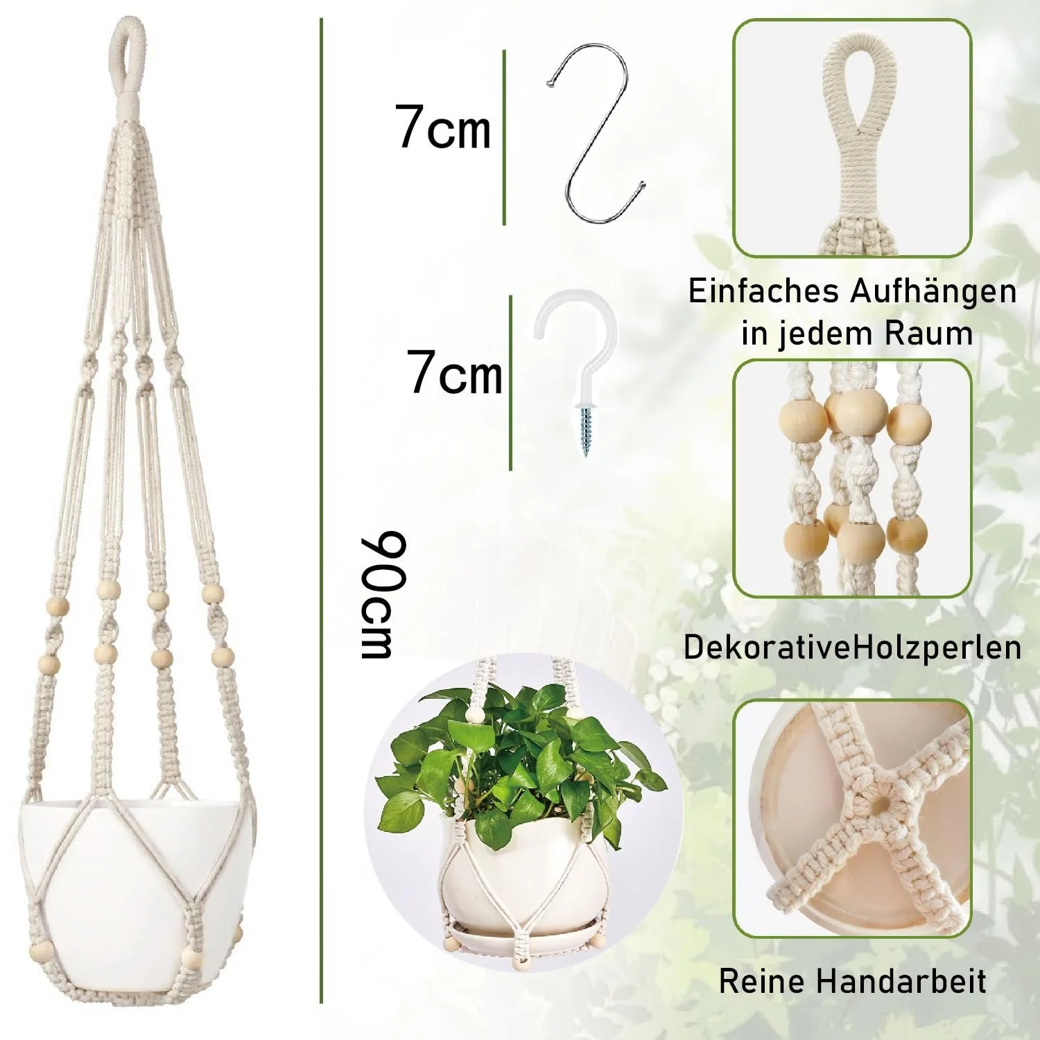 Підвісний кошик макраме Boho бавовняний з намистинами без китиць 1 шт, фото №2