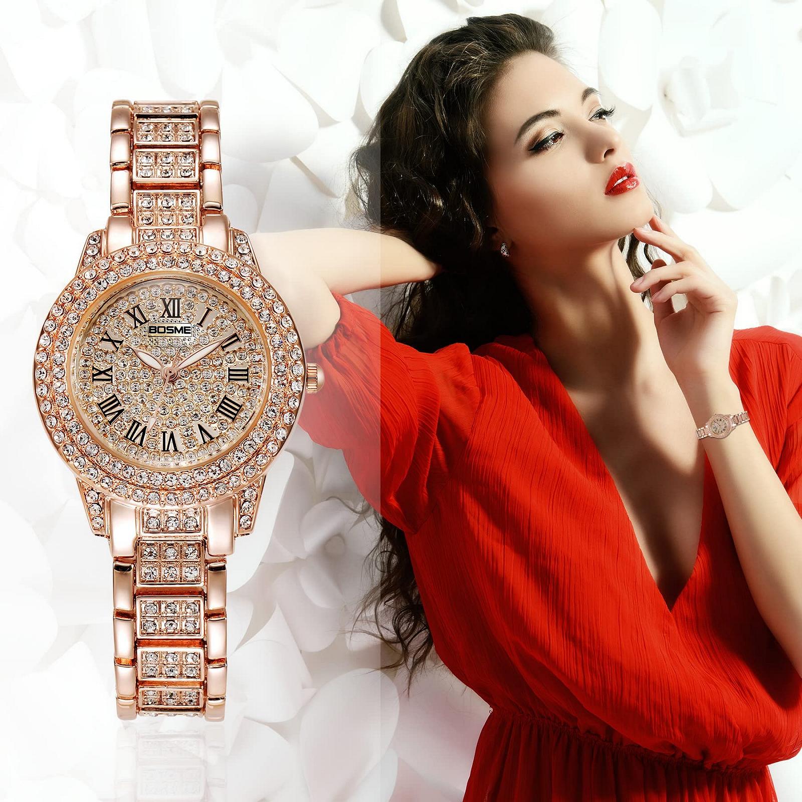 Женские Кварцевые Аналоговые Часы JewelryWe Круглые со Стразами Циферблат с Римскими Цифрами Браслет из Нержавеющей Стали Розовое Золото, фото №5