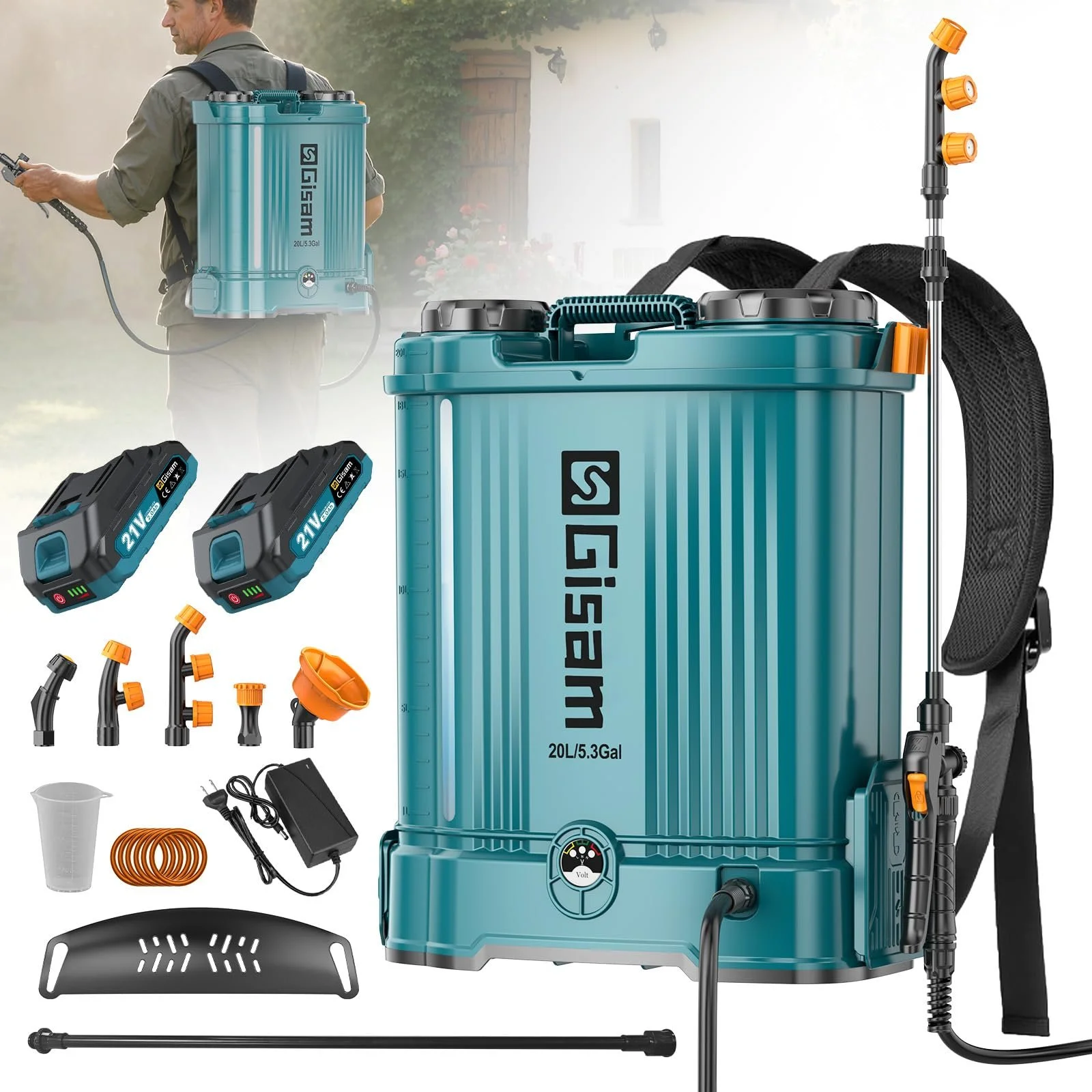 Акумуляторний обприскувач під тиском 20 л 120 PSI 2 x 2000 мАг 5 форсунок телескопічна штанга, фото №1