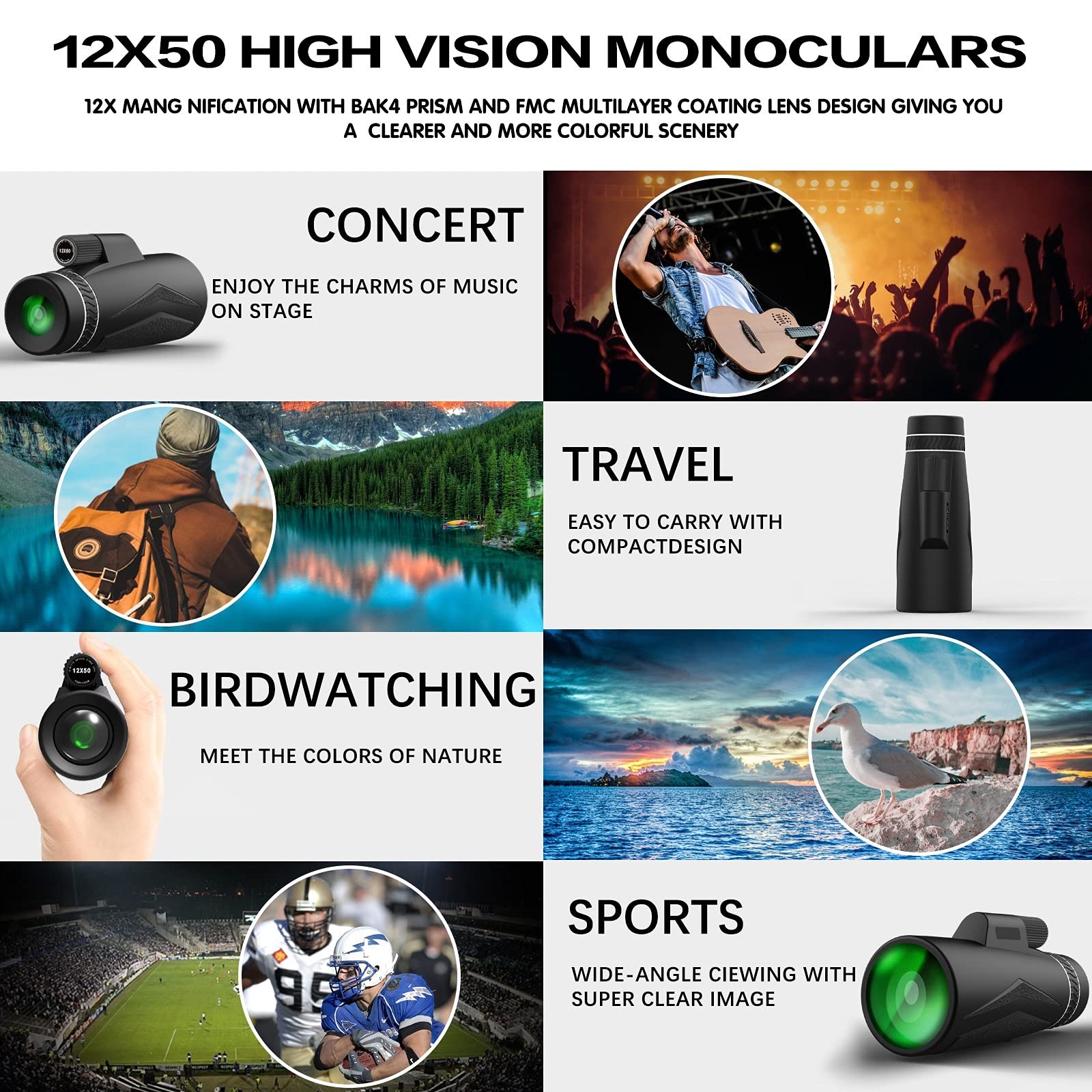 Монокуляр Starscope Telescope (Gen 1) 12x50 для смартфона 12× зум высокого разрешения с призмой BAK4 встроенный компас черный, фото №3