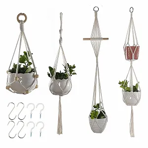 Подвесные кашпо макраме 4 шт с 8 крючками хлопок бежевые - Фото 1