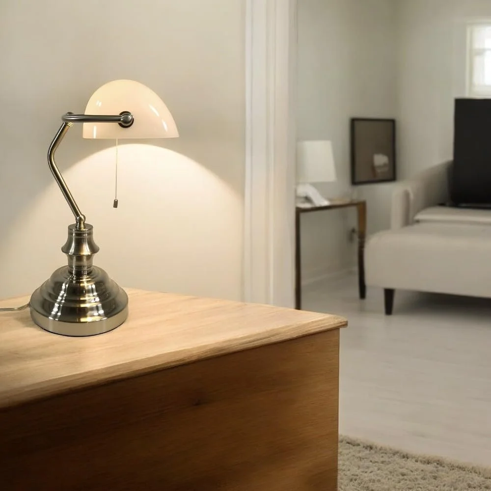 Настільна лампа Dapo Bankers Lamp E27 нікель біла з ланцюговим вимикачем, фото №4