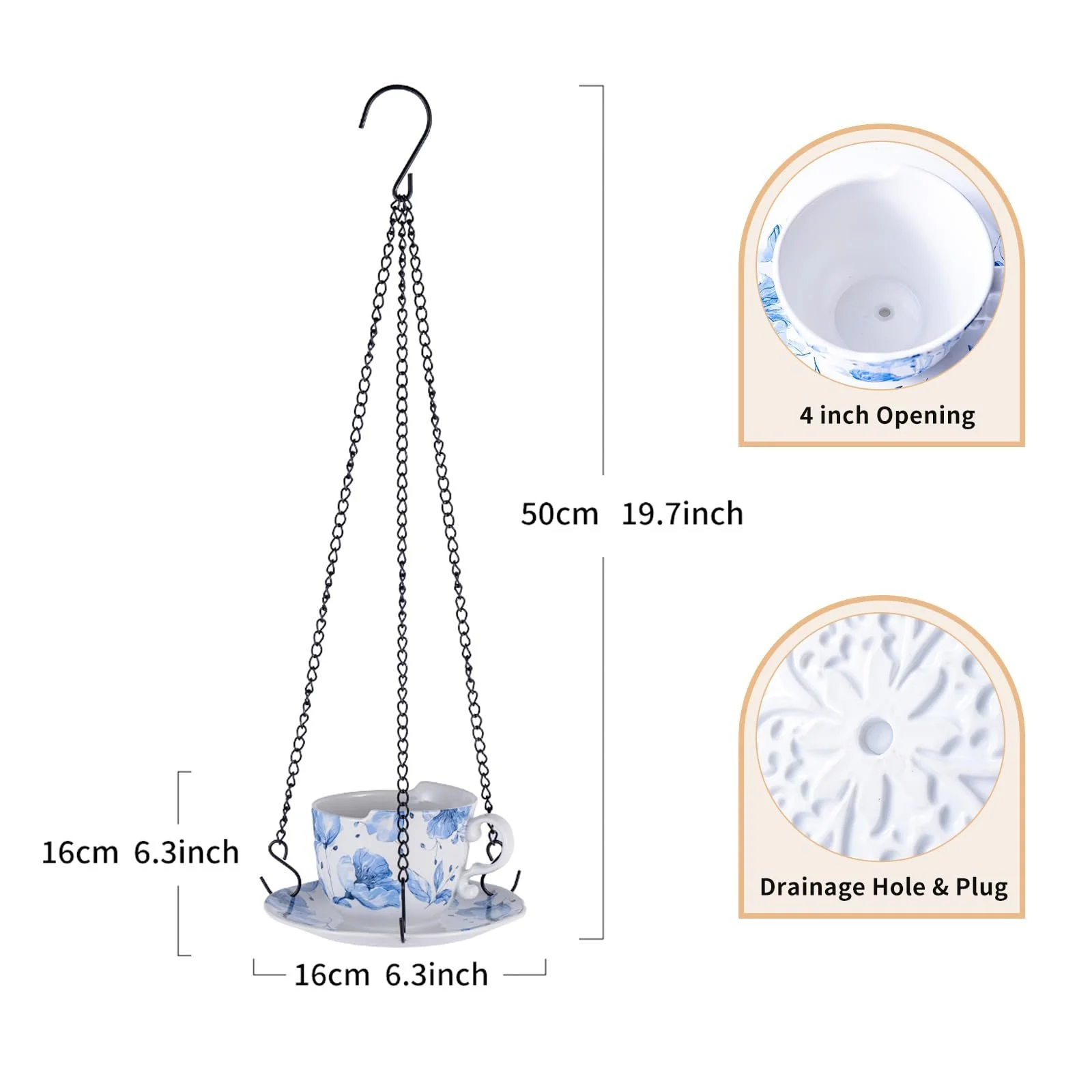 Підвісне кашпо Керамічне Дизайн чашки з блюдцем 16 см Ретро синій квітковий візерунок, фото №1 Підвісне кашпо Керамічне Дизайн чашки з блюдцем 16 см Ретро синій квітковий візерунок, фото №1