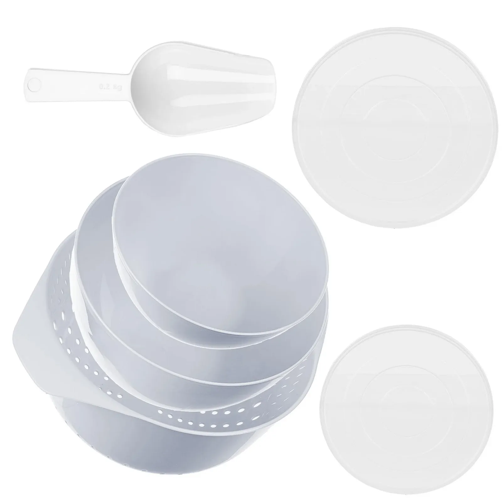 Набір мисок KADAX 1.5 л та 3 л з кришками, совком та друшляком 3.5 л Plastic, фото №7