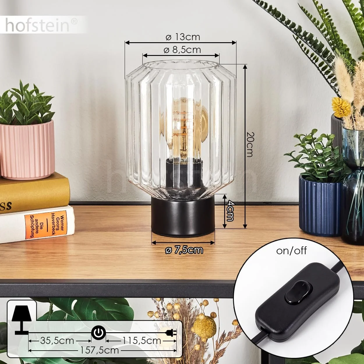 Настільна лампа HOFSTEIN Moruja метал/скло Ø13 см 1 x E27 чорна/прозора, фото №5