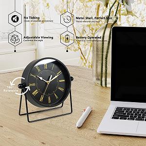 Настільний годинник AYRELY Vintage, металевий, безшумний, з регульованим кутом, ретро стиль, аналоговий, чорний/золотий synthetic.ua - Фото 1