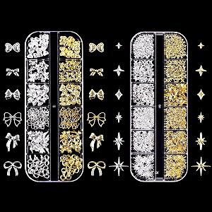 Украшения для ногтей Золото Серебро, 2 коробки 24 ячейки Звезды Бантики Украшения для ногтей Металлические заклепки в стиле панк, Металлические кристаллы для ногтей Бантики Аксессуары для украшения ногтей DIY поделки - Фото 1