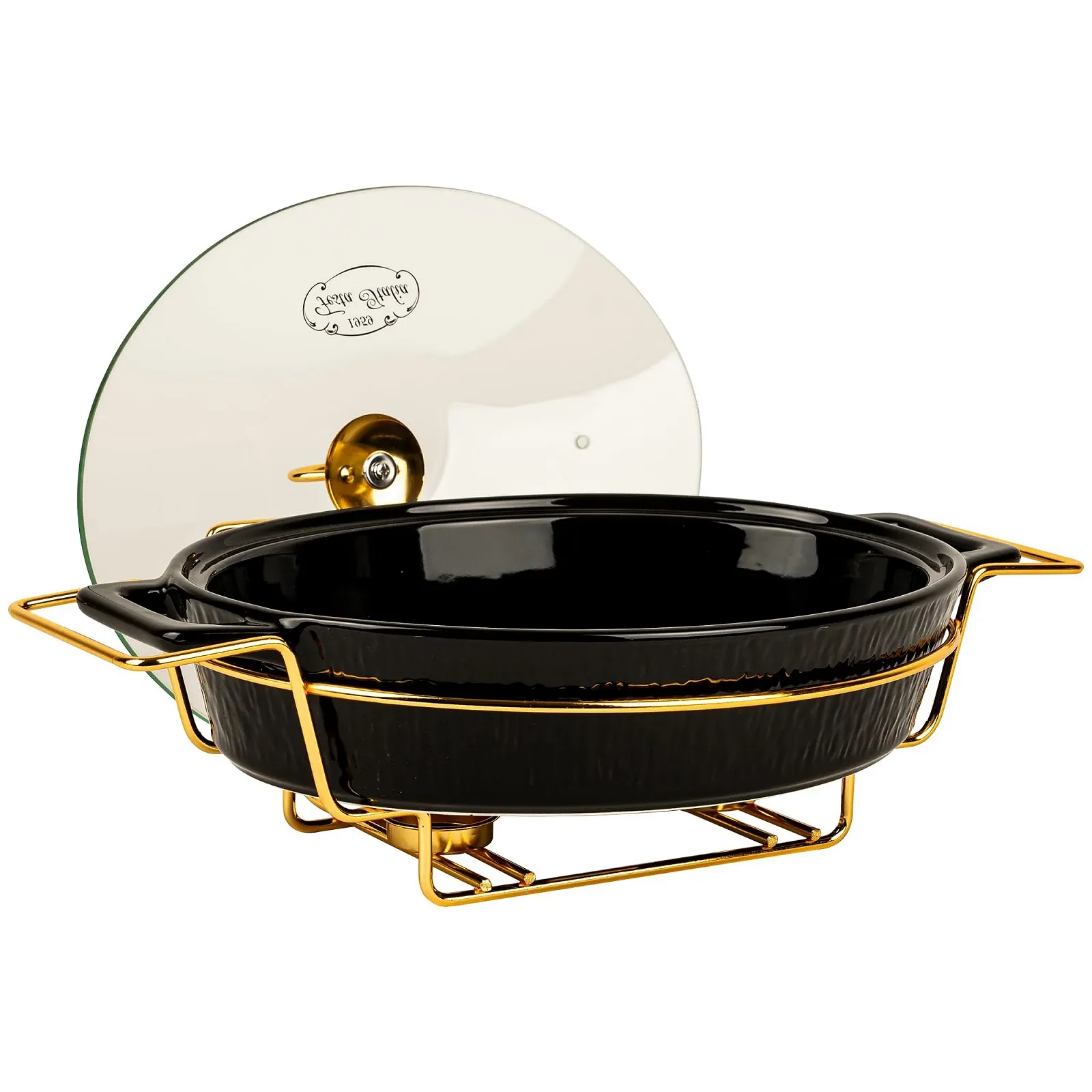 Форма для запекания керамическая с крышкой и подставкой 2.5 л овальная Черная, фото №2