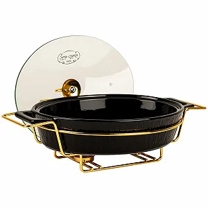 Форма для запекания керамическая с крышкой и подставкой 2.5 л овальная Черная synthetic.ua - Фото 1