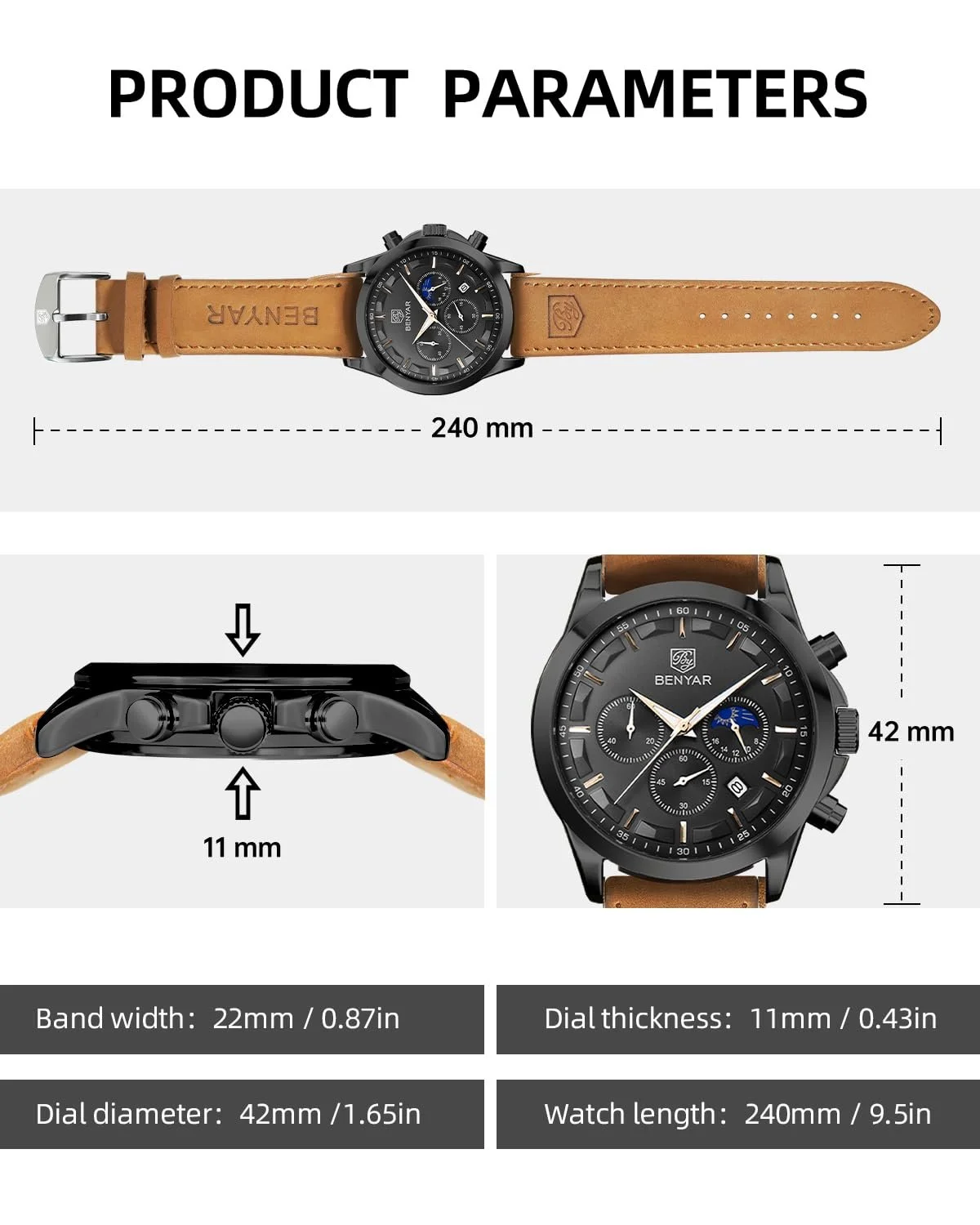 Чоловічий годинник Benyar Хронограф Аналоговий Кварцовий Водонепроникний, фото №5