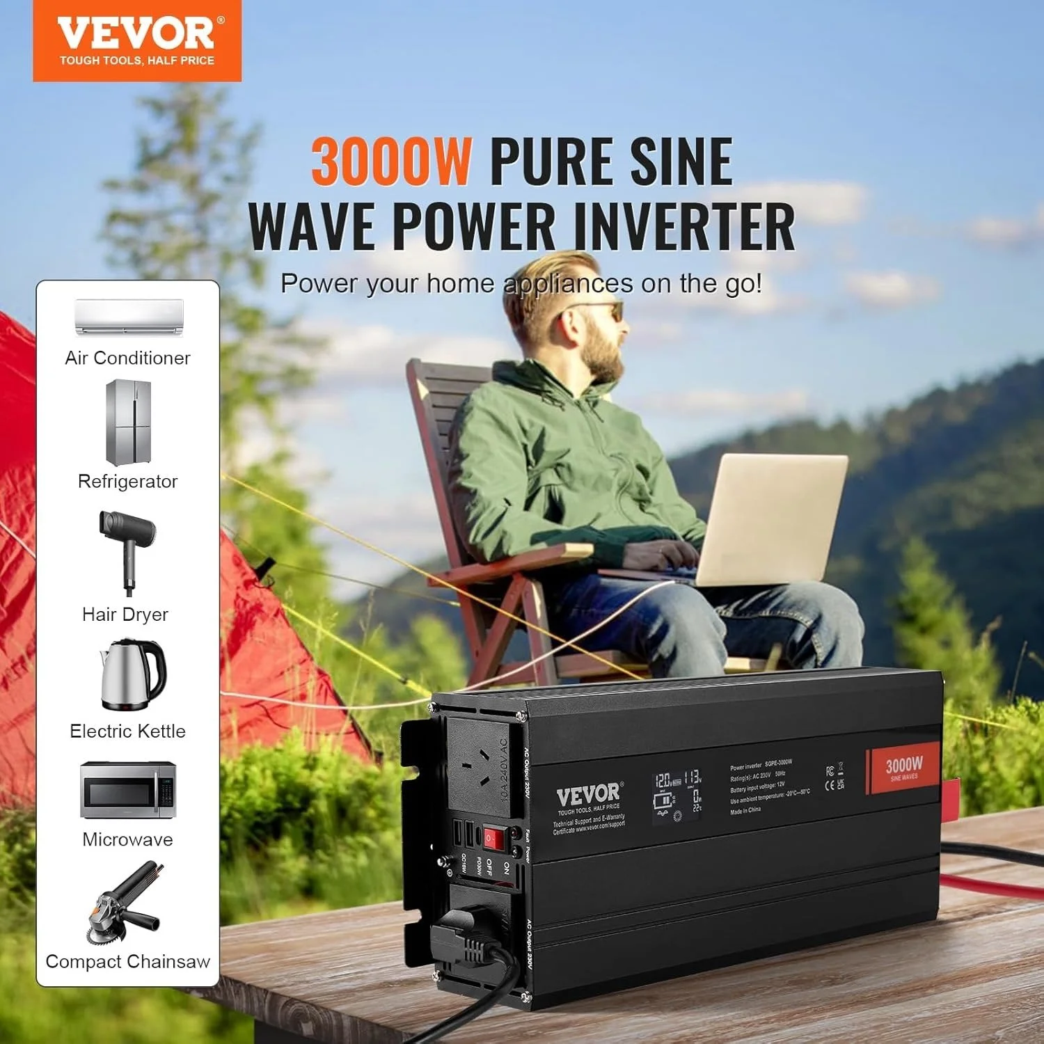Инвертор VEVOR SGPE-3000W Чистая синусоида Black, фото №2
