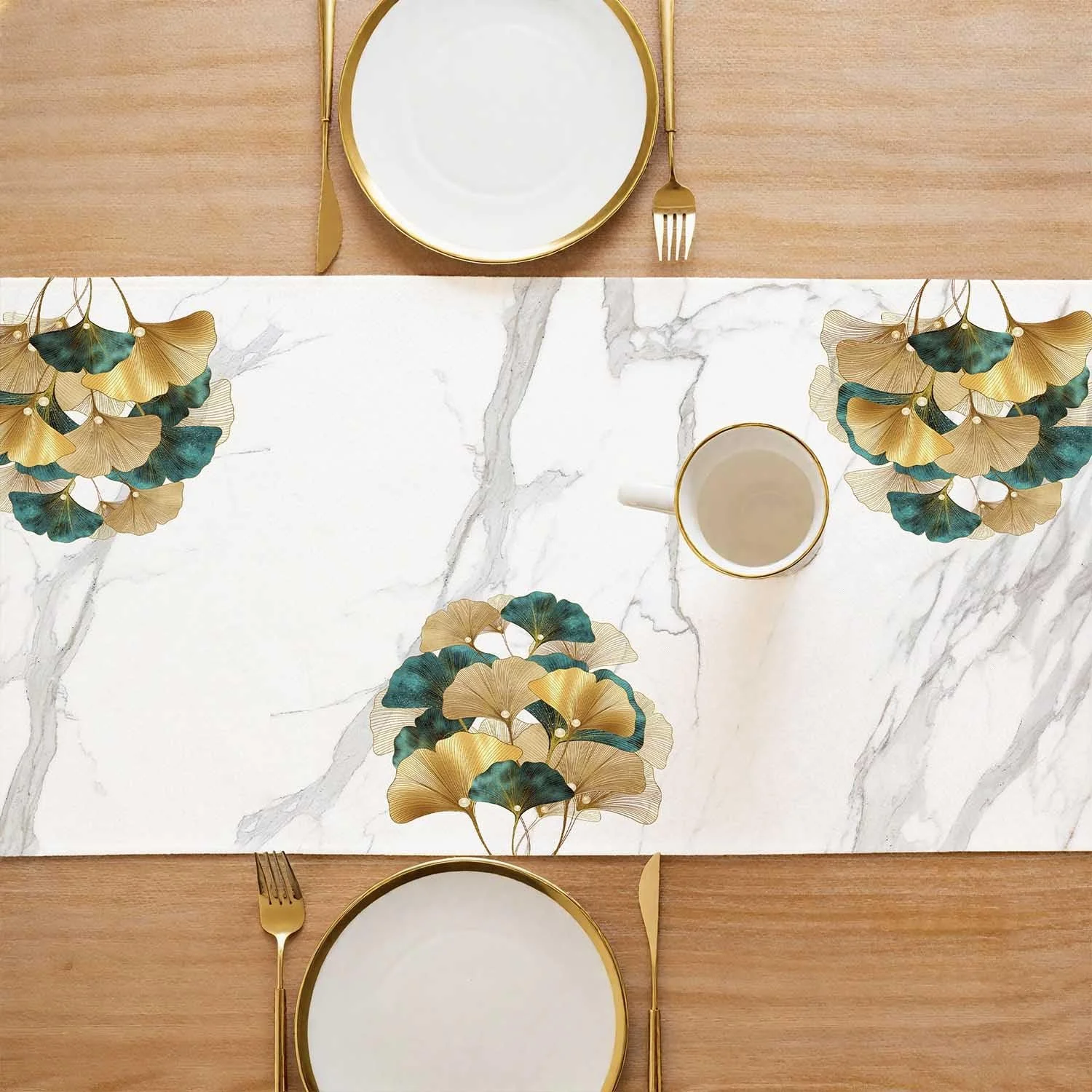 Ранер Modern Winter Green Leaves Linen Look Gold Ginkgo Biloba Marble Texture Зелена 40 x 140 см, фото №3