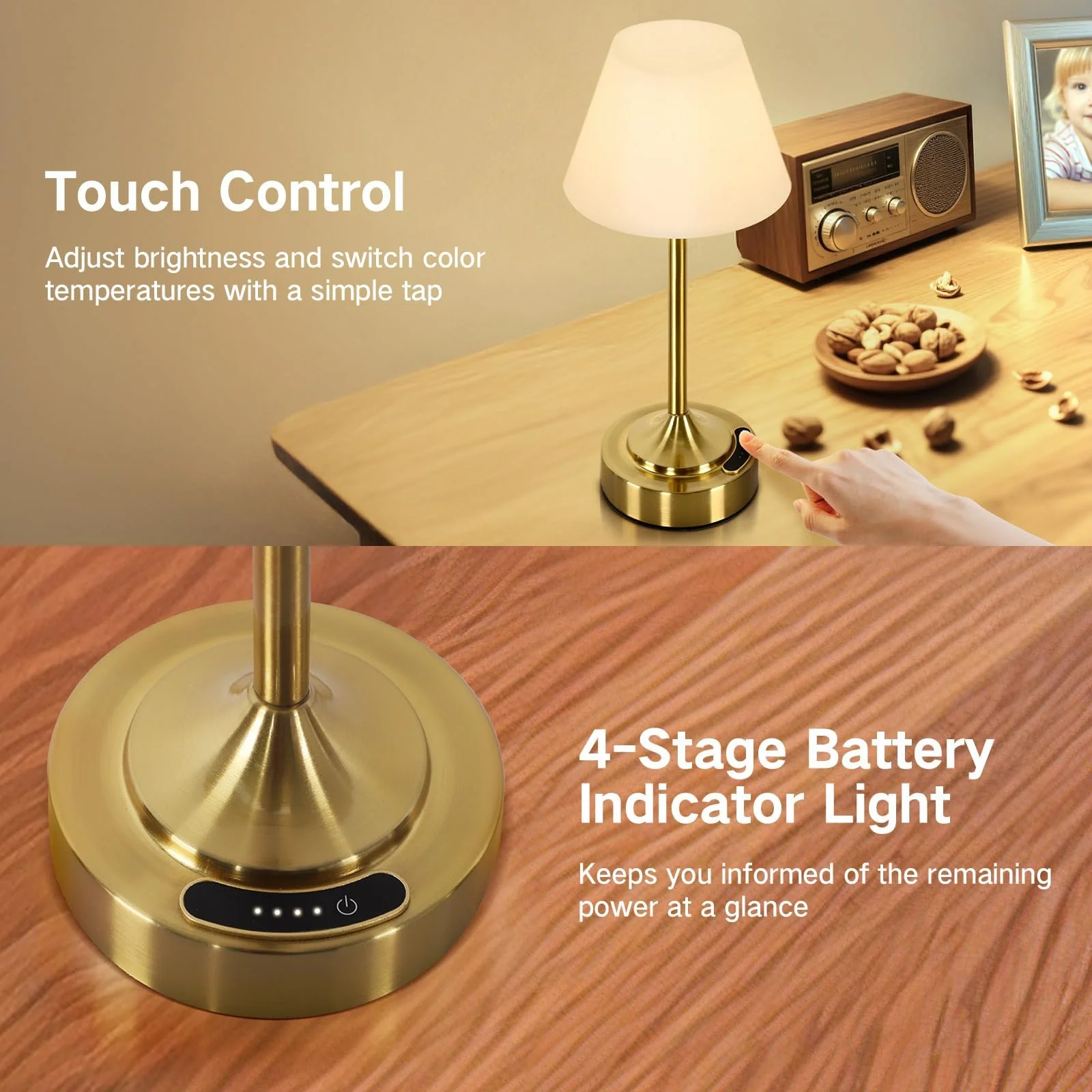 Настільні лампи OUTON Комплект 2 шт LED Бездротові 4000 мАг USB-C 3 колірні температури Сенсорні IP54 (Золотисті), фото №5