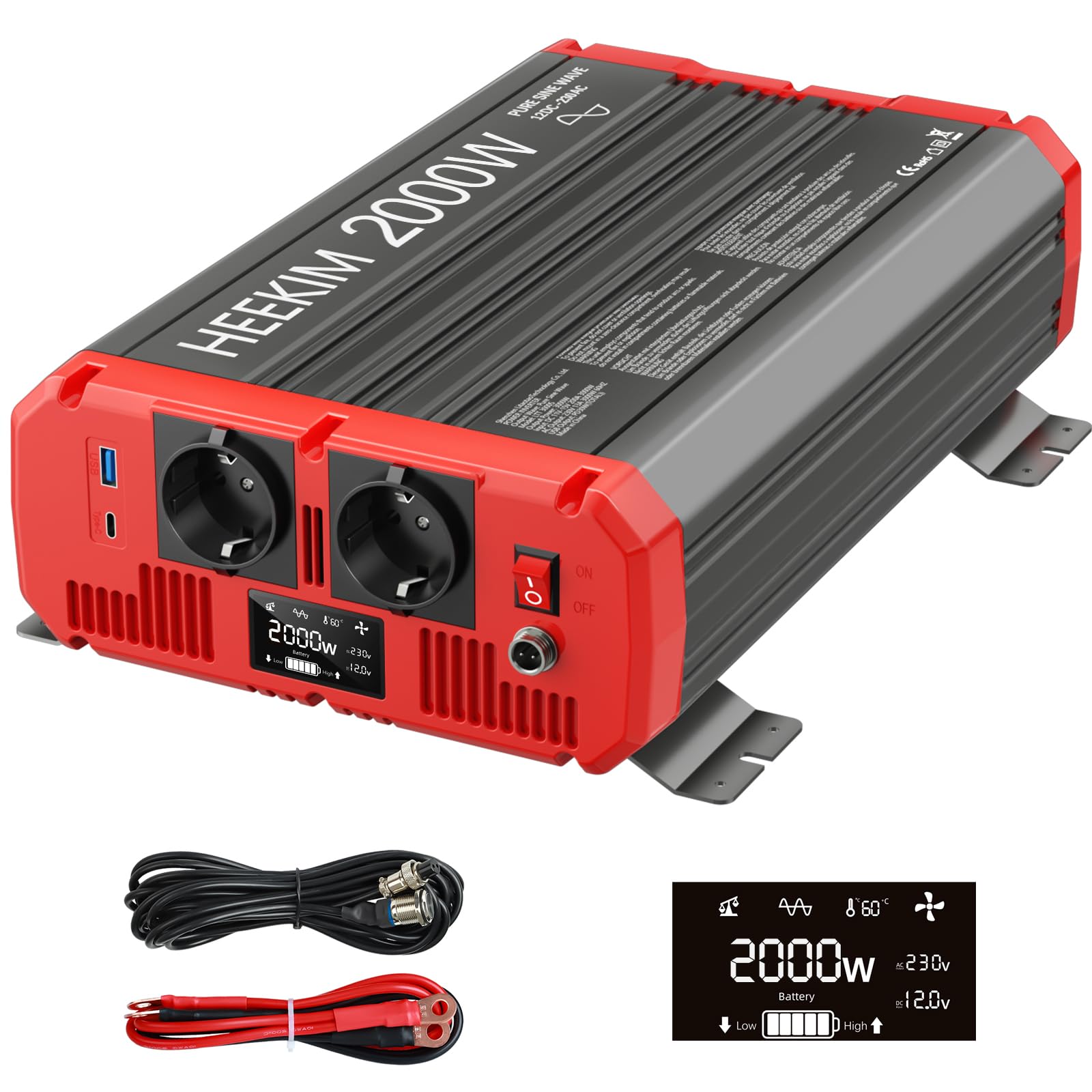 Інвертор Pure Sine Wave 12V 230V 2000W / 4000W з LCD екраном 1 Type-C і 1 USB порт для кемпера автомобіля, фото №1