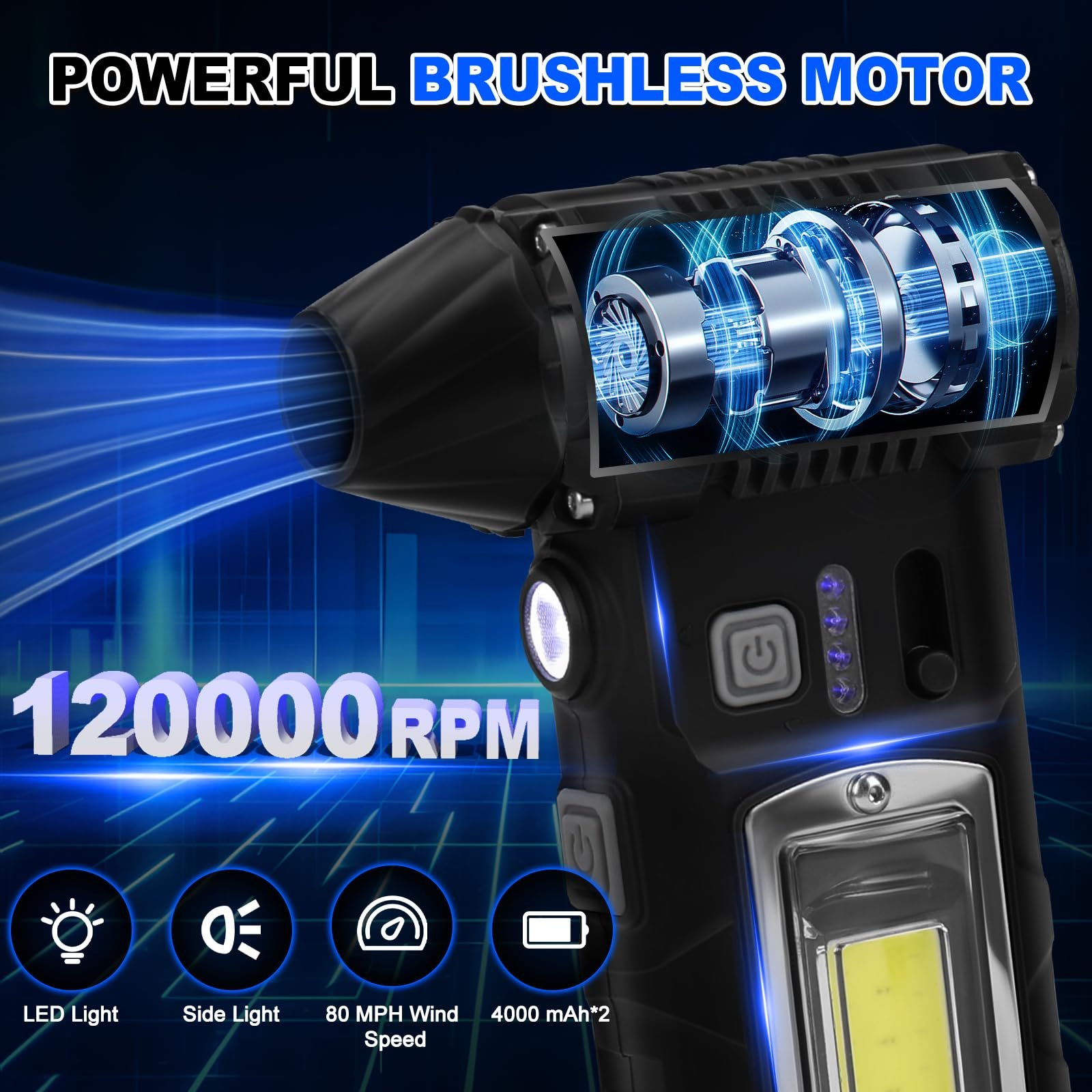 Аккумуляторная воздуходувка и пылесос 2-в-1 110 000 об/мин 8000 мАч с набором для чистки и LED-подсветкой, фото №8