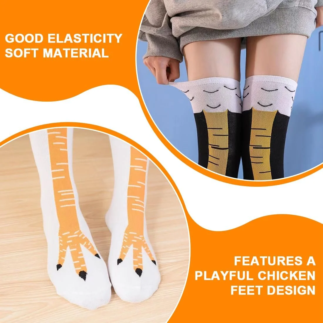 Носки с куриными лапками 3 пары (белый + желтый выше колена/черный + желтый выше колена/черный + розово-красный выше колена), фото №3