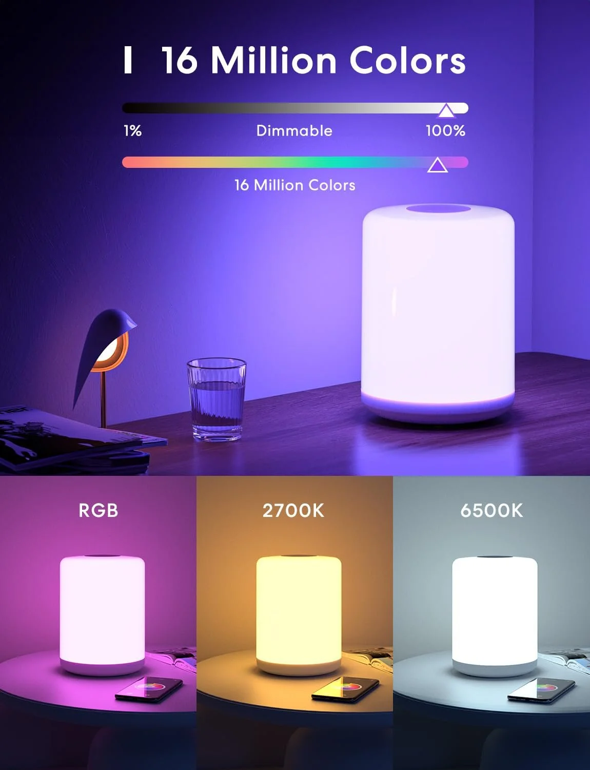 Светодиодная настольная лампа Meross WLAN сенсорная RGBWW Apple HomeKit Alexa Google Home белая, фото №5