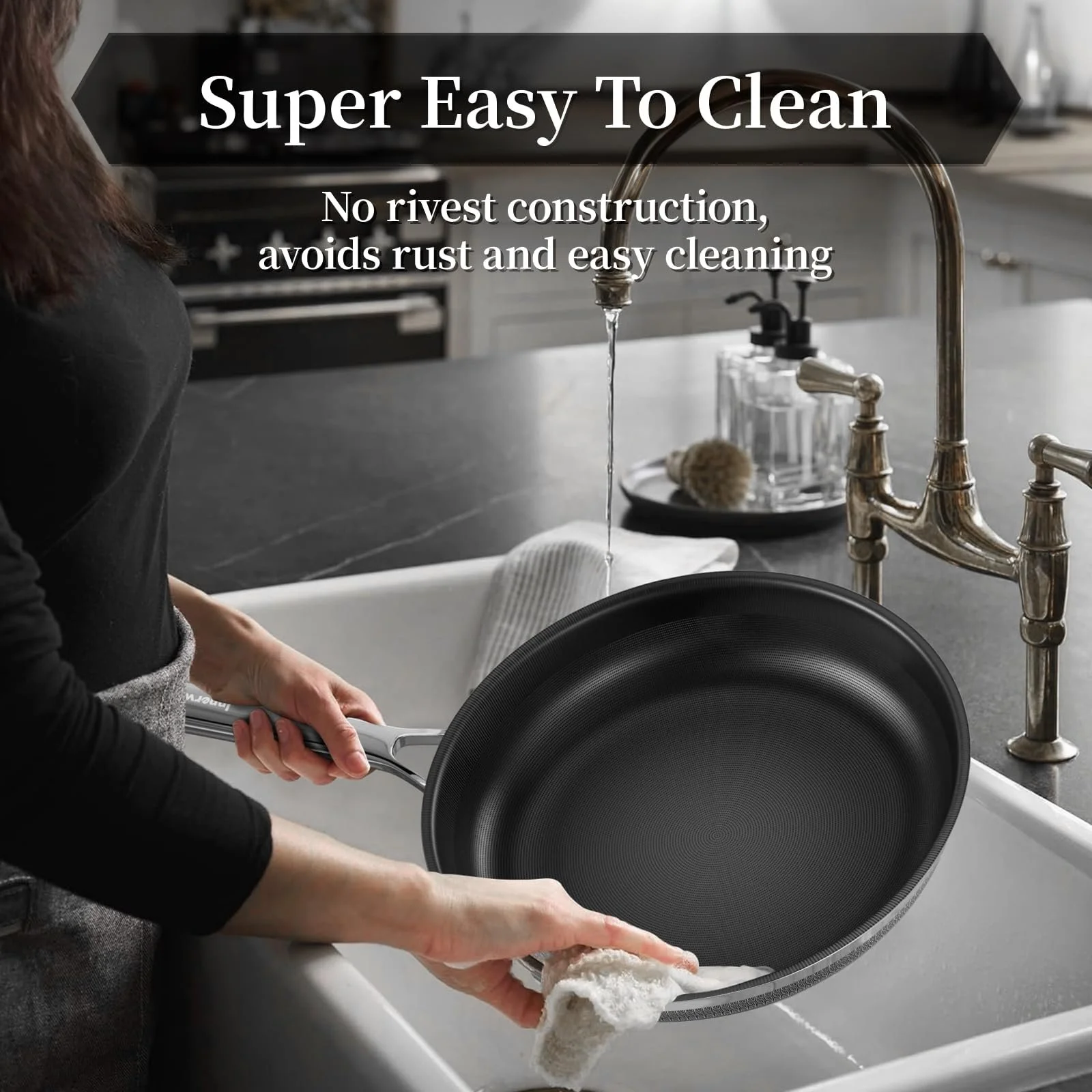 Пательня Innerwell Титан-кераміка 28 см, індукційна, з кришкою, нержавіюча сталь, антипригарне покриття, для духовки, без PFOA, для всіх плит, чорна, фото №3