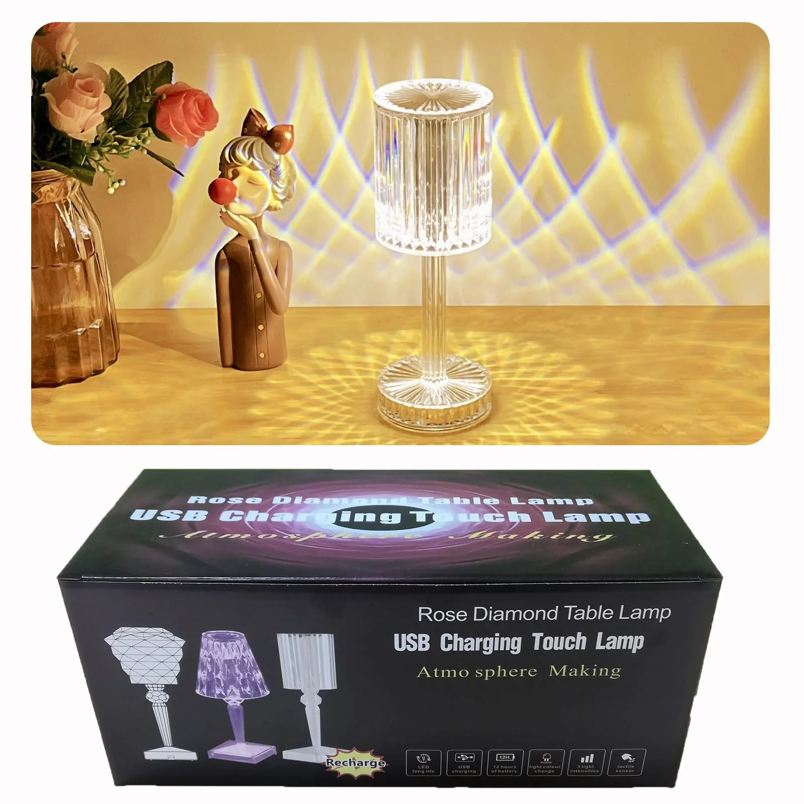 Настільна лампа ZVO Crystal Diamond LED Battery Touch Dimmable 3 Colours, фото №7