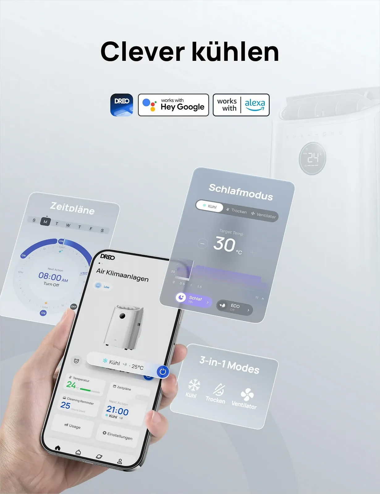 Мобильный кондиционер Dreo AC515S 10,000 BTU Drainage-free APP/Voice/Remote Control 24-Hour Timer Fan & Dehumidifier, фото №4