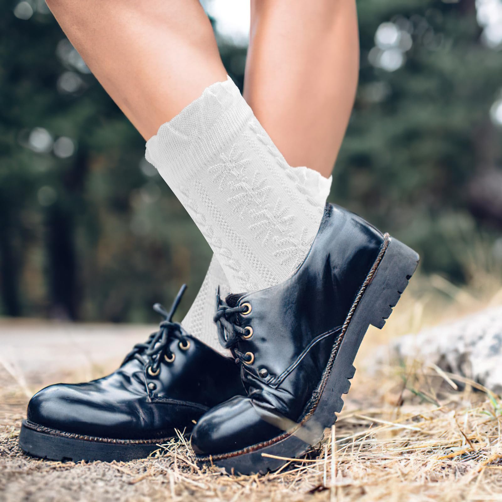 Набор носков с оборками, 6 пар Белые хлопковые носки с оборками для женщин, Удобные носки с оборками средней высоты, Мягкие дышащие трикотажные носки с ромбовидным и цветочным узором, фото №8