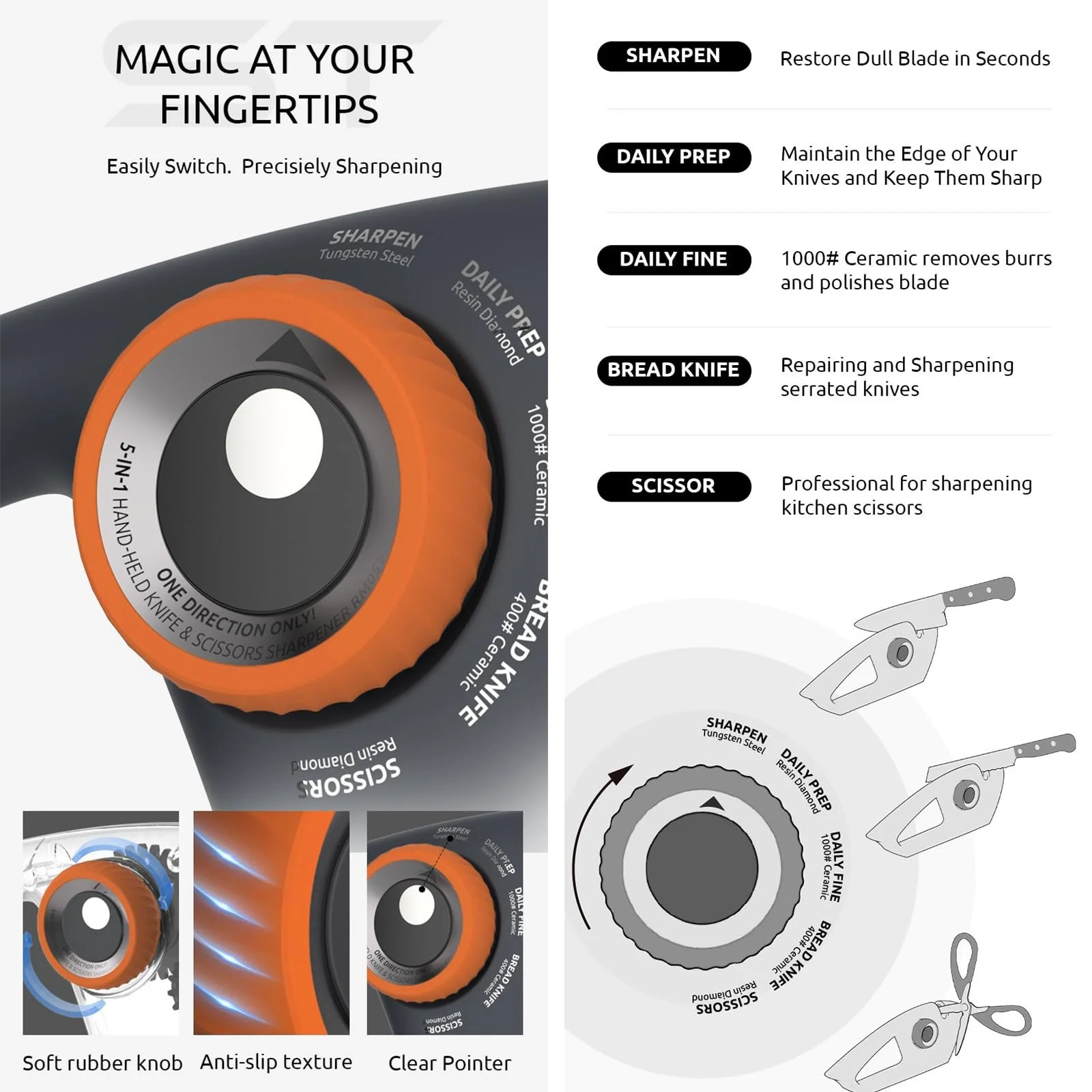 Ручна точилка для ножів 5-в-1 регульована алмазна та керамічна для ножиць та хлібних ножів, фото №4
