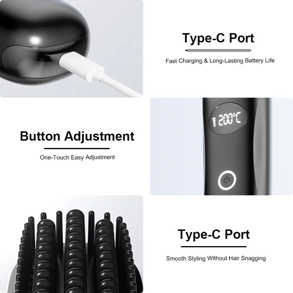 Щітка-випрямляч Wireless LED 160-200°C Rechargeable Type C, фото №6 Щітка-випрямляч Wireless LED 160-200°C Rechargeable Type C, фото №6