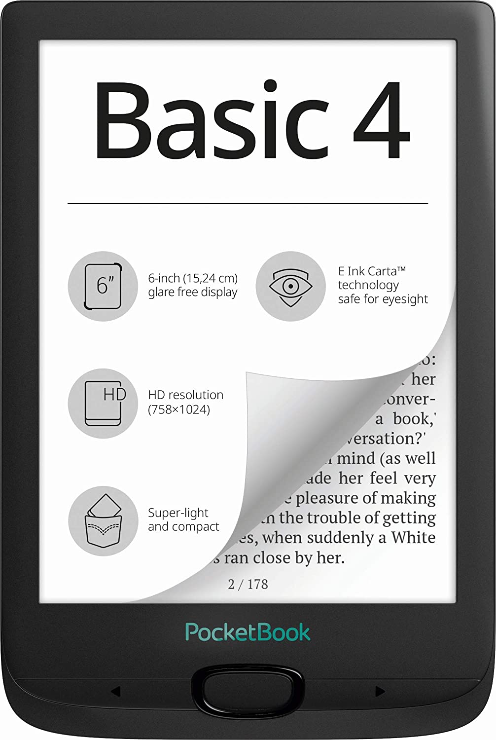 Электронная книга 6" PocketBook Basic 4 256 МБ / 8 ГБ / Linux / Wi-Fi / MicroSD / E Ink Carta дісплей / 1024 x 758 / Черний, фото №1