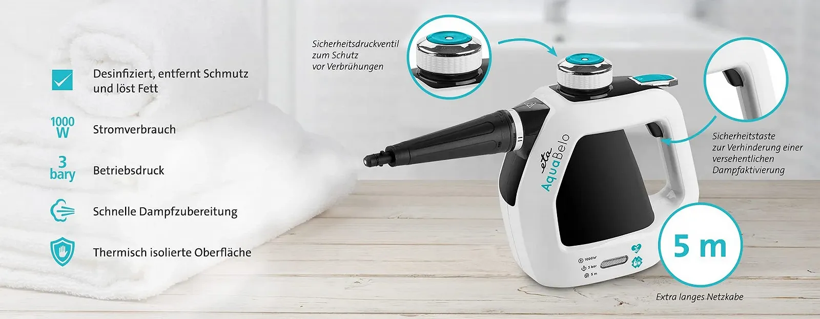 Пароочисник ETA Aquabelo 1000 Вт 3 Бар 220 мл 9 аксесуарів, фото №2 Пароочисник ETA Aquabelo 1000 Вт 3 Бар 220 мл 9 аксесуарів, фото №2