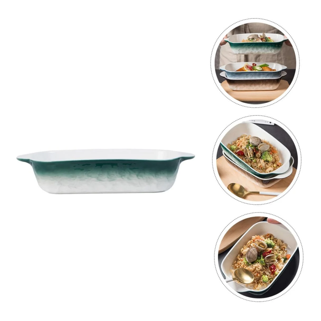 Форма для запекания DECHOUS Керамика Прямоугольная с ручками Зеленая с каменным узором, фото №3