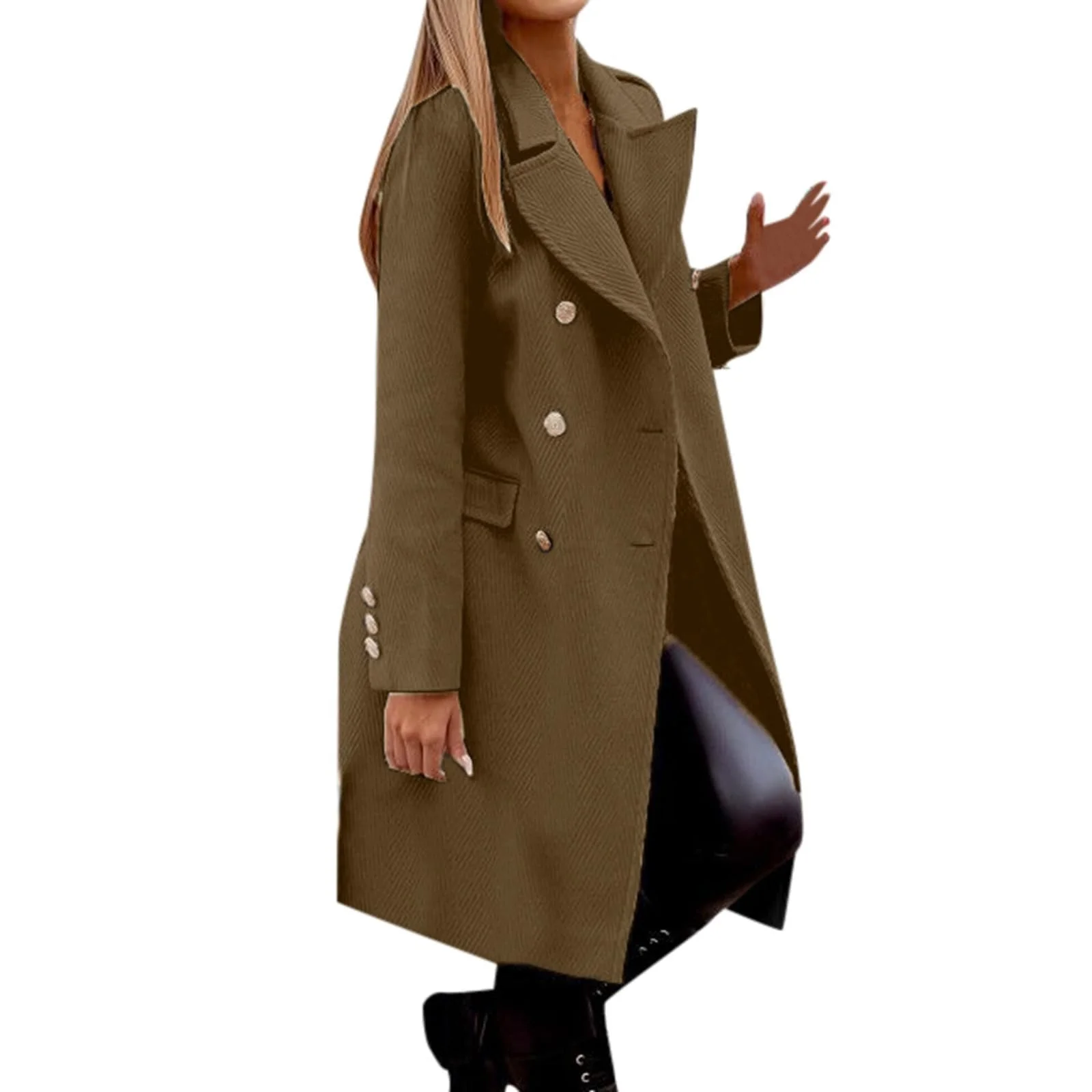 Тренч Двубортное пальто Длинный С отложным воротником Классический Однотонный, фото №1