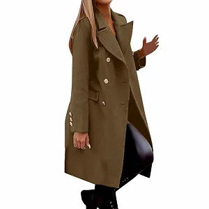 Тренч Двубортное пальто Длинный С отложным воротником Классический Однотонный - Фото 1