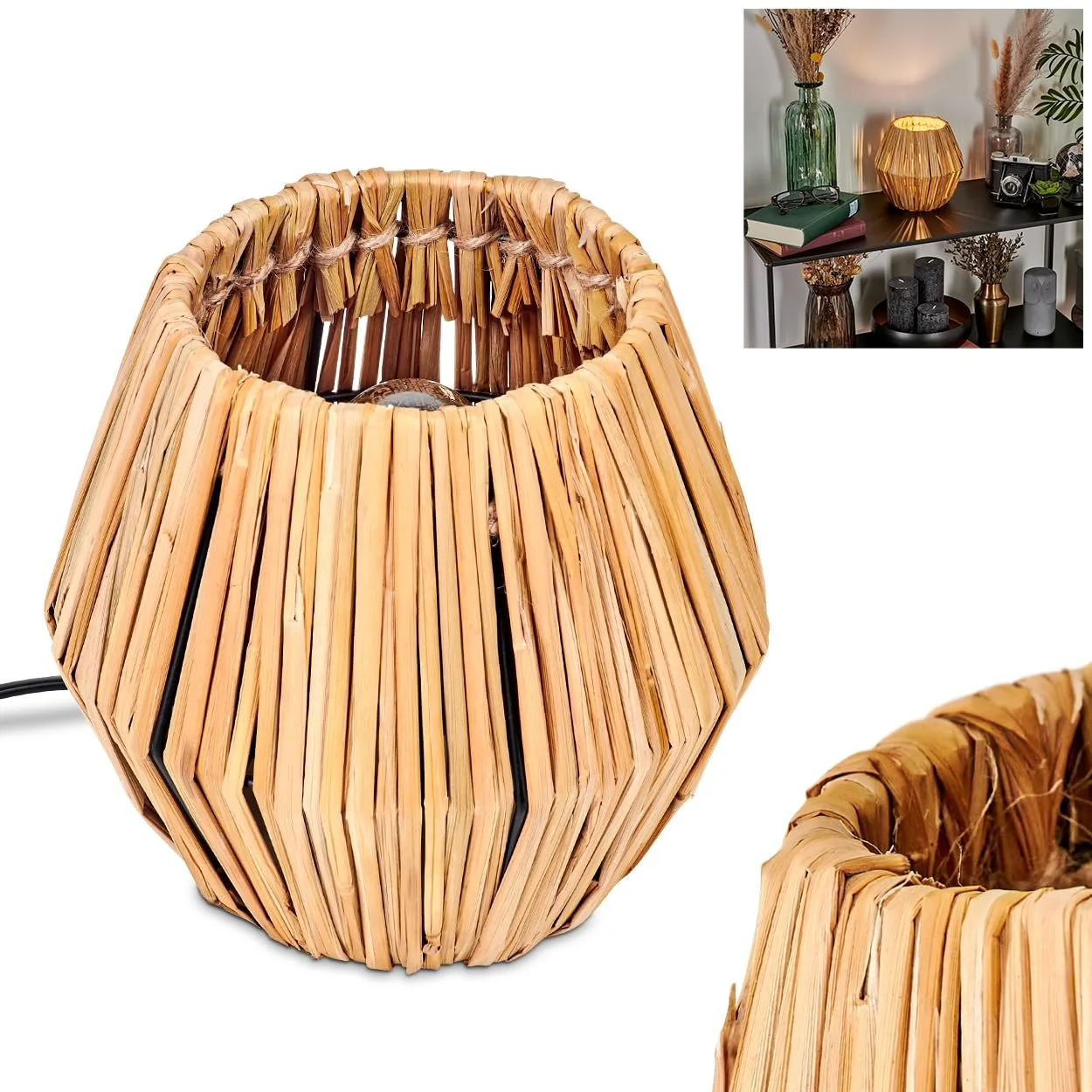 Настільна лампа Cricket Modern Boho Metal/Rattan 1 x E14 Чорний/Натуральний, фото №1