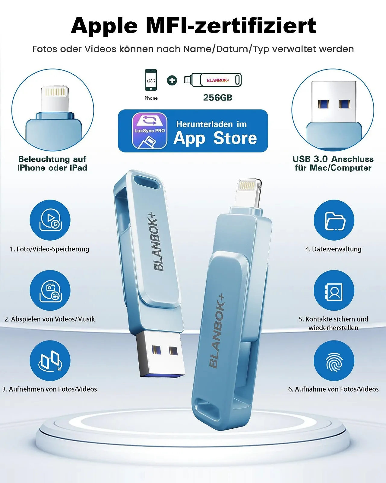 Flash Drive Apple MFi Certified 3-in-1 Lightning/USB/Type-C 256 GB Blue, фото №4 Flash Drive Apple MFi Certified 3-in-1 Lightning/USB/Type-C 256 GB Blue, фото №4