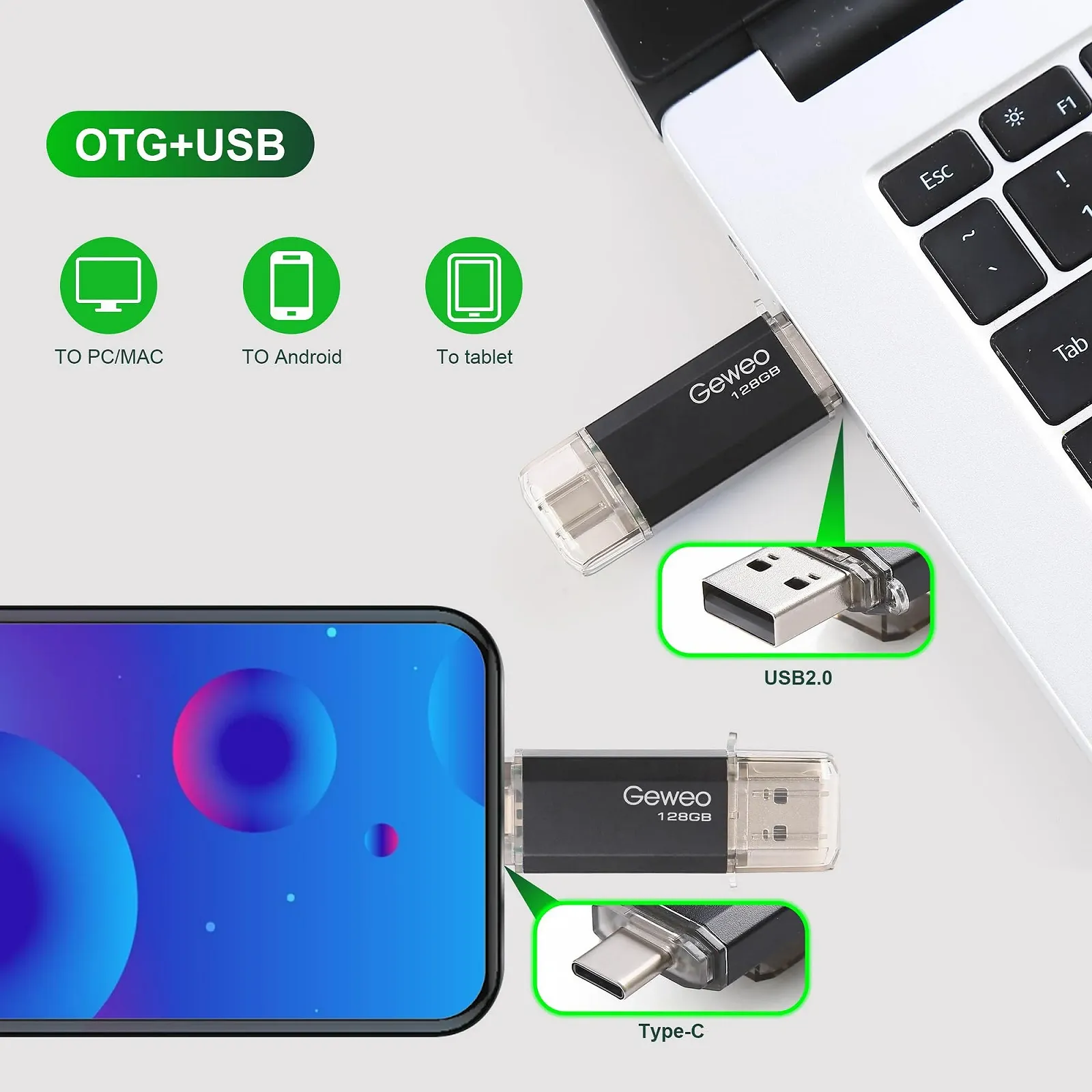 USB-накопичувач OTG 2 в 1 128 ГБ Type-C USB 2.0 Чорний, фото №2 USB-накопичувач OTG 2 в 1 128 ГБ Type-C USB 2.0 Чорний, фото №2