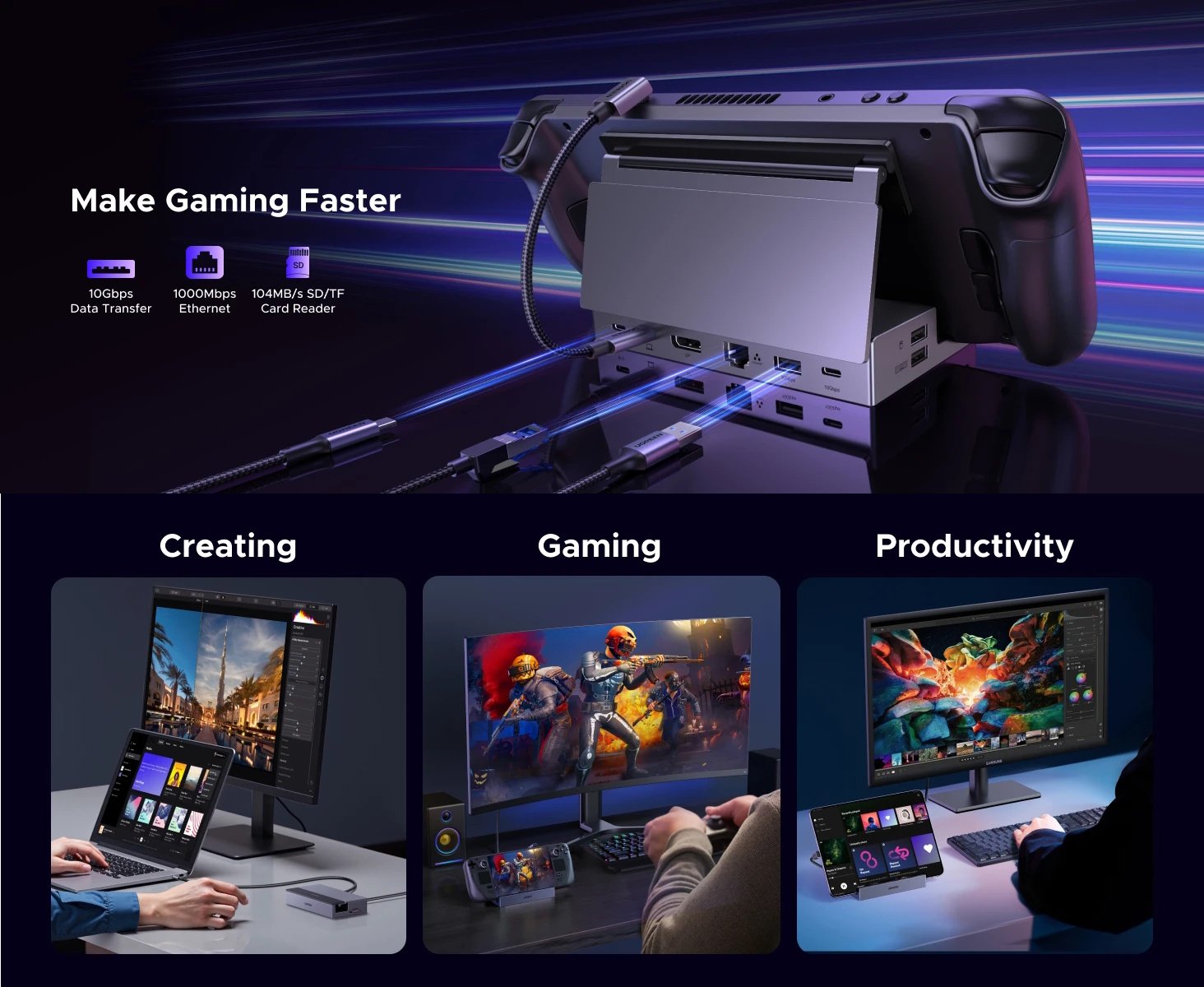Док-станція Ugreen 9в1 CM800 100W Steam Deck, ROG Ally, Nintendo, X Legion, фото №3