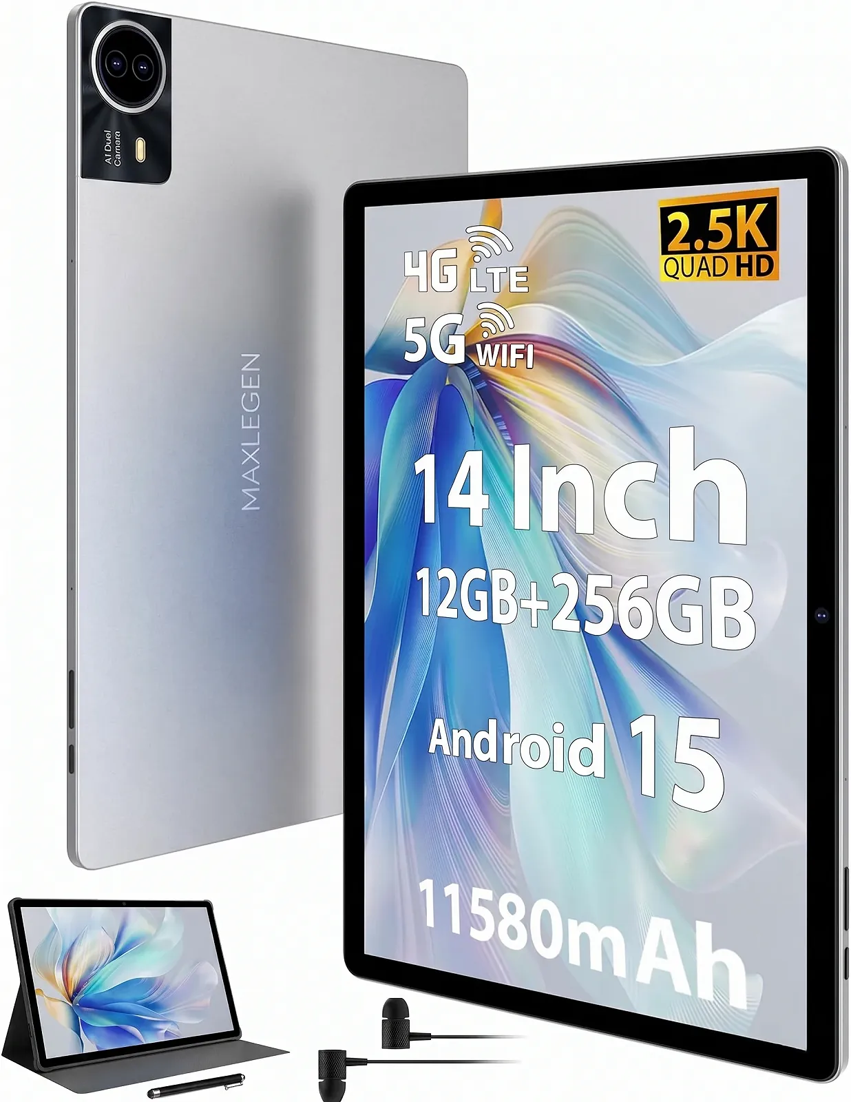 Планшет 14" 2K MAXLEGEN M708 12+24/256GB 4G 2SIM Android 15 11580 mAh Черный-серый, фото №1