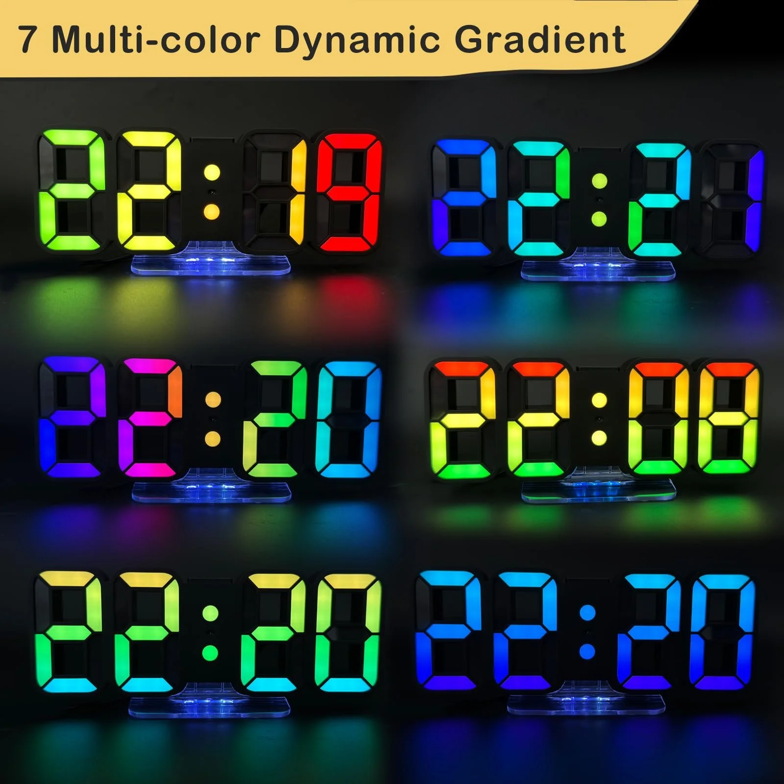 3D LED Цифровой Будильник Seutgjie, Настольные/Настенные Часы, 14 RGB Смены Цветов, 12/24 ч, 3 Уровня Яркости, Ночной Режим Яркости, Режим Дремоты с Дистанционным Управлением, Черный, фото №3
