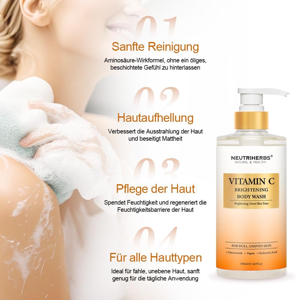 Гель для душу Neutriherbs Brightening Body Wash Vitamin C Papain Niacinamide Citrus Scent 16.9 рідк. унц., фото №2