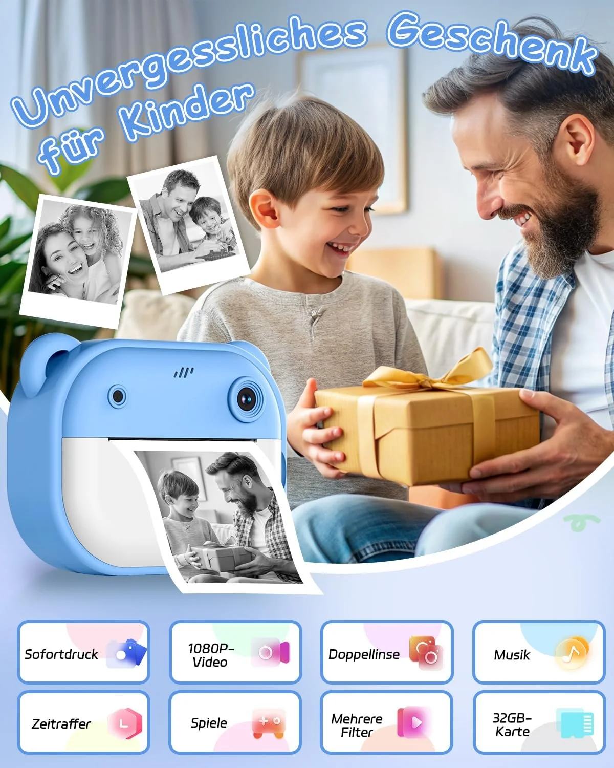 Фотокамера мгновенной печати Children's Camera 1080P Dual Lens 2" 32GB Blue, фото №2