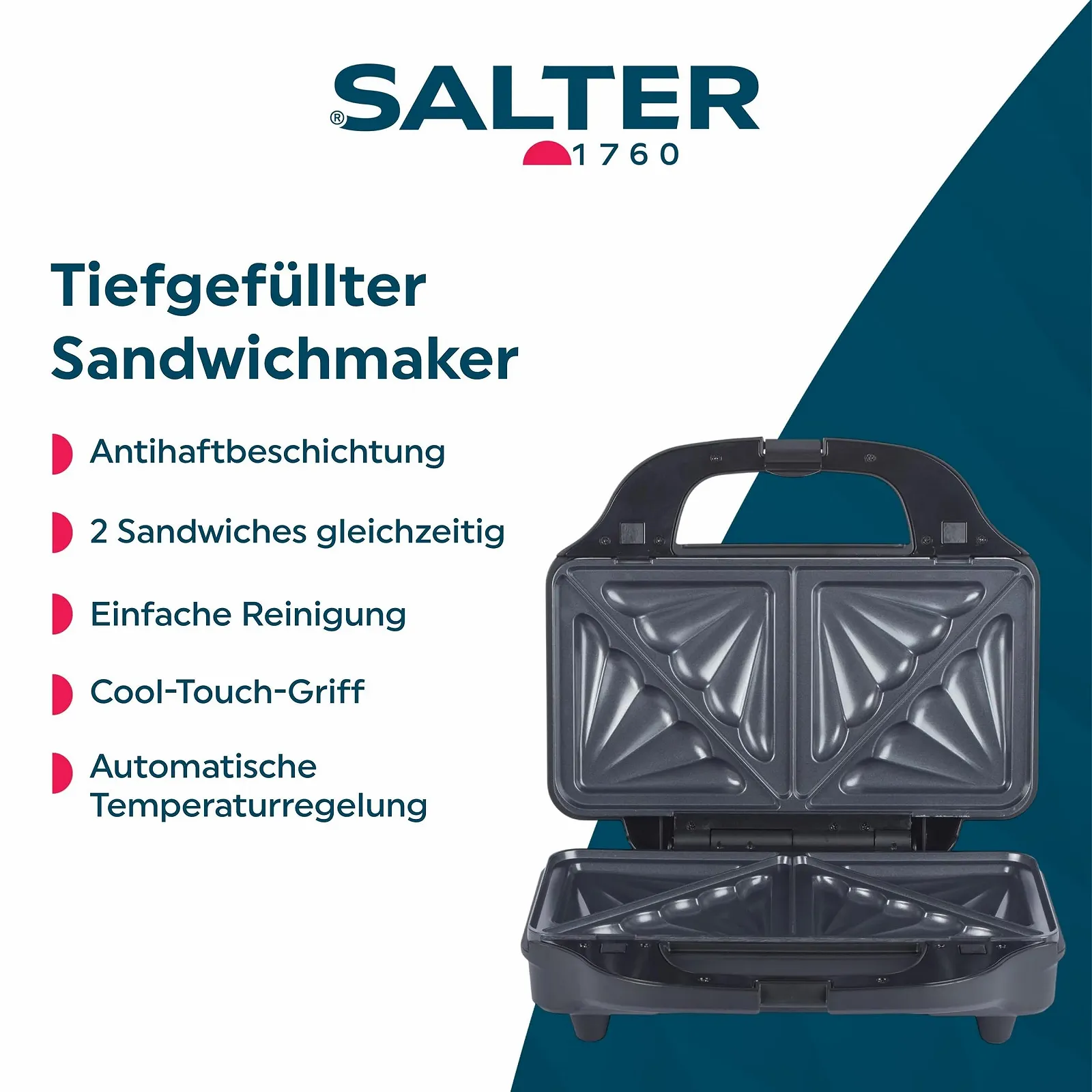 Сэндвичница Salter EK2017TFVDE, 2 тоста, пресс-гриль на 4 ломтика, автоматический контроль температуры, 900 Вт, EK2017TFVDE, фото №2 Сэндвичница Salter EK2017TFVDE, 2 тоста, пресс-гриль на 4 ломтика, автоматический контроль температуры, 900 Вт, EK2017TFVDE, фото №2