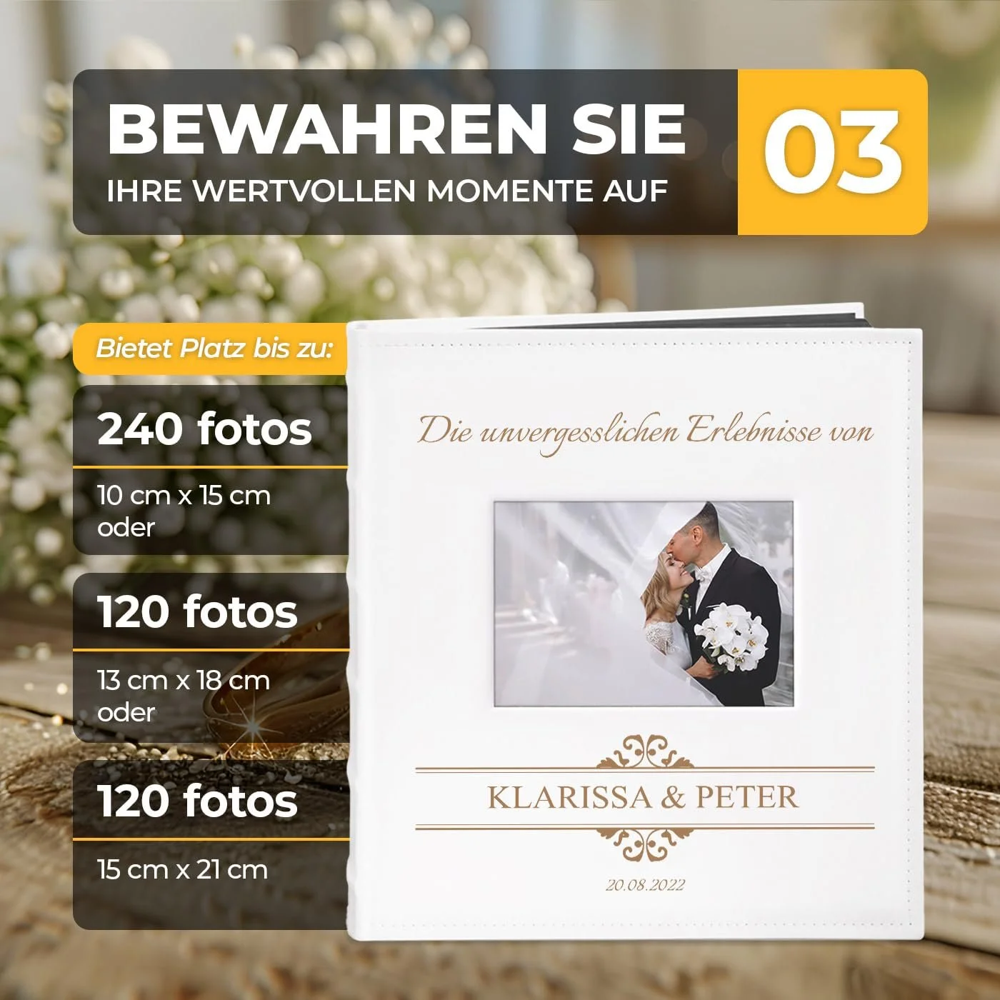 Фотоальбом Murrano для DIY с вырезом для фото + гравировка - на 240 фотографий формата 10 x 15 см - 60 черных страниц - размер 33 x 30 см - белый - подарок на годовщину свадьбы, фото №4